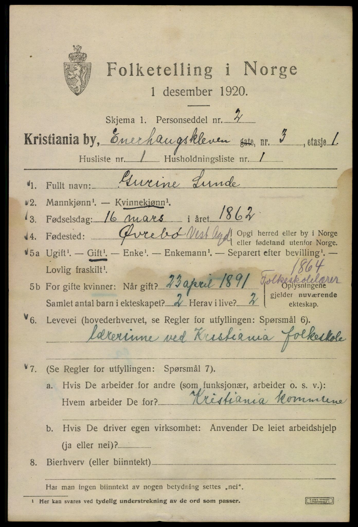 SAO, 1920 census for Kristiania, 1920, p. 218325