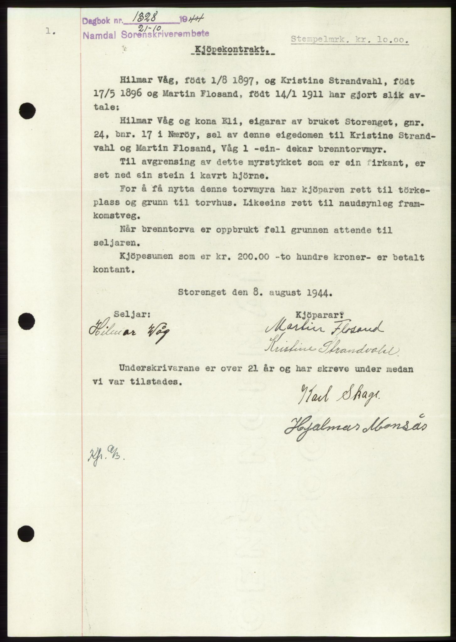 Namdal sorenskriveri, SAT/A-4133/1/2/2C: Mortgage book no. -, 1944-1945, Diary no: : 1328/1944