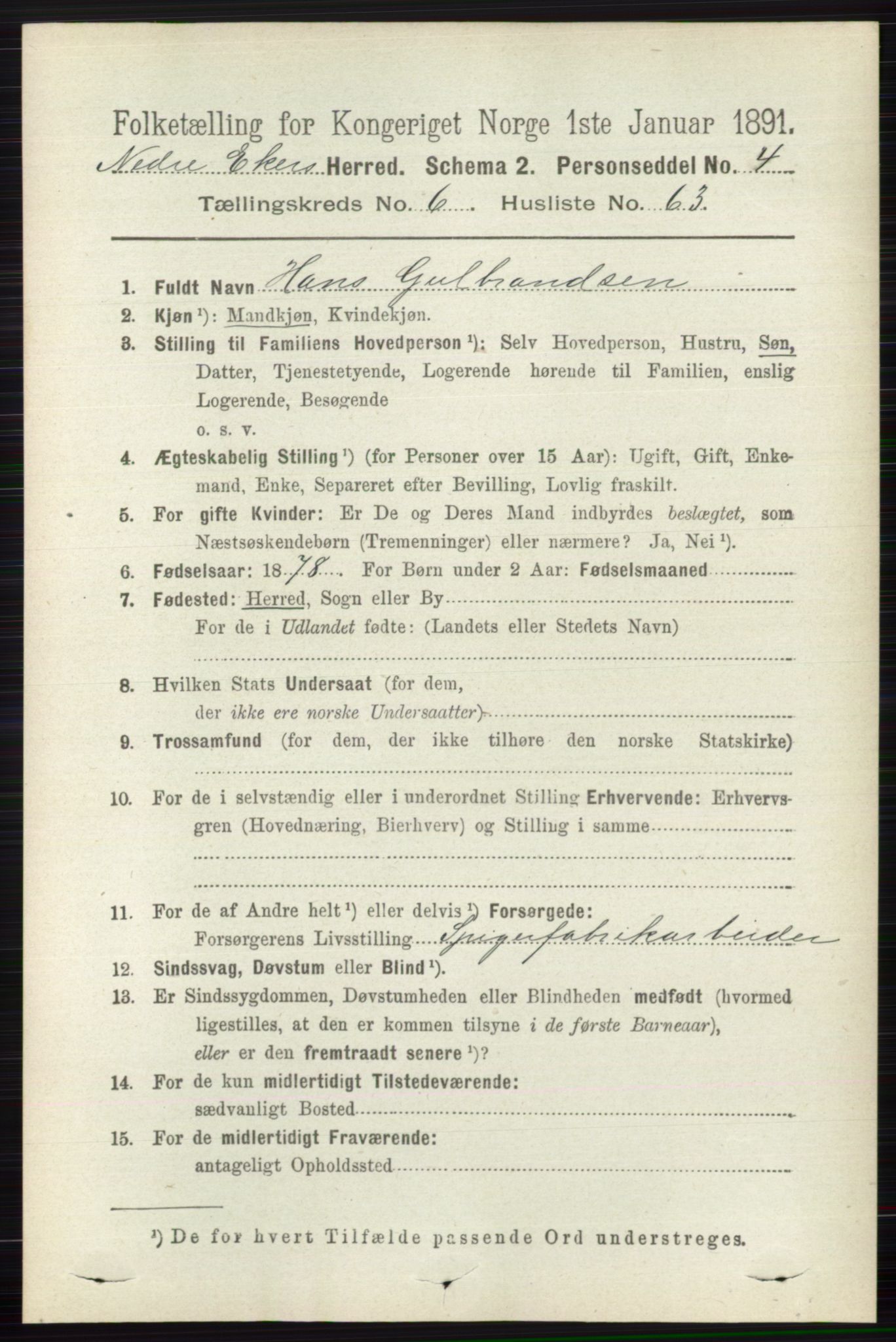 RA, 1891 census for 0625 Nedre Eiker, 1891, p. 3216