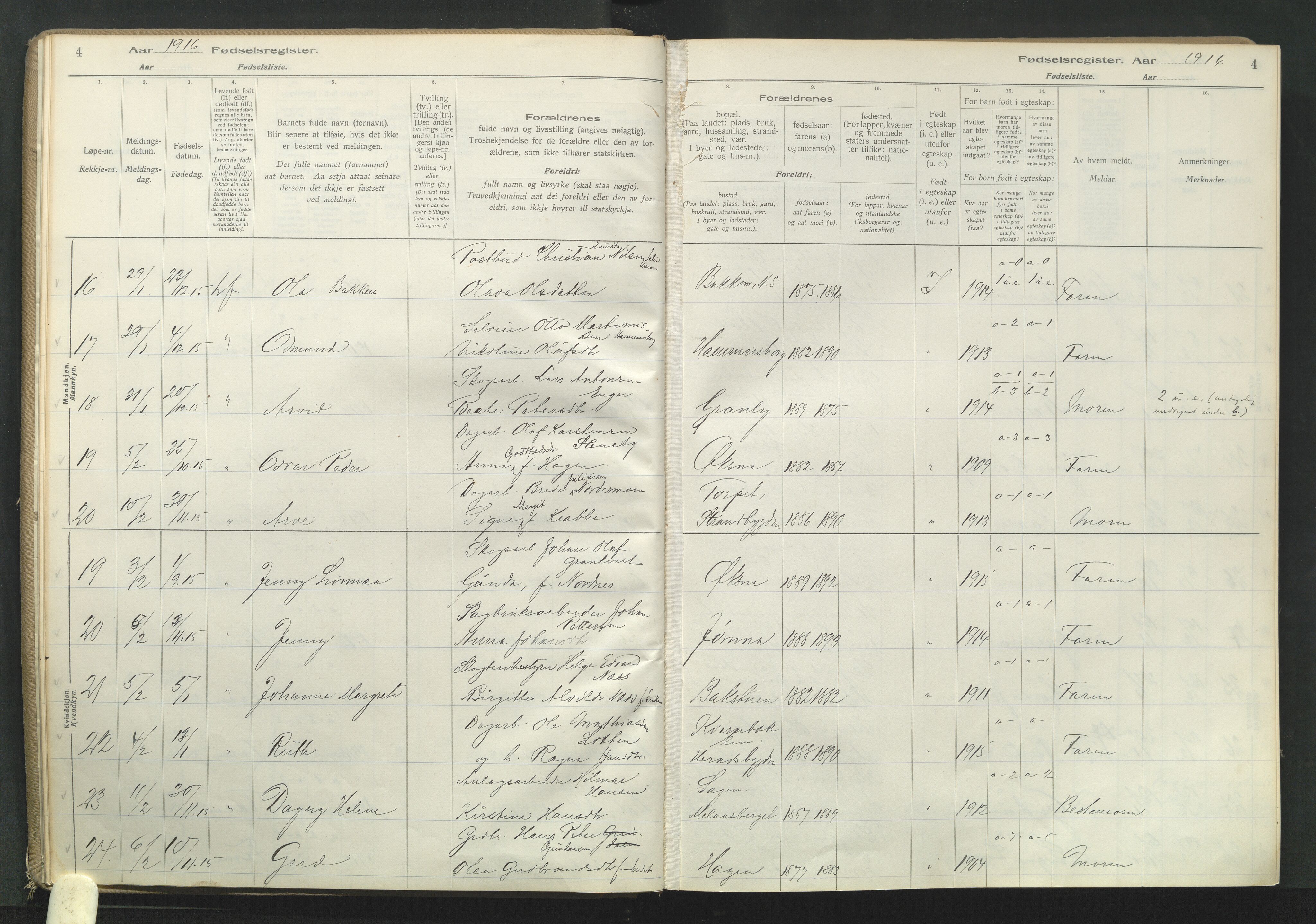 Elverum prestekontor, AV/SAH-PREST-044/I/Id/L0001: Birth register no. 1, 1916-1921