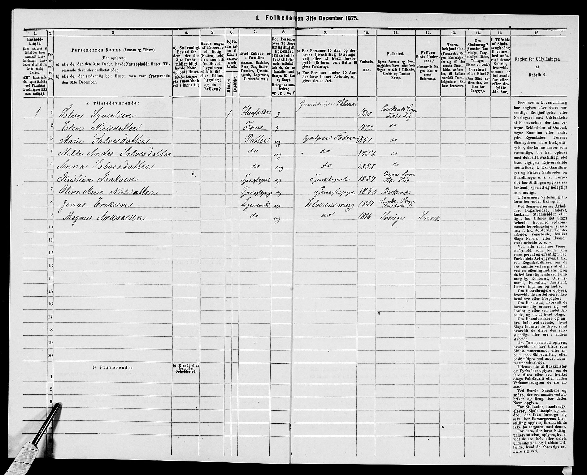 SAK, 1875 census for 1013P Tveit, 1875, p. 1107