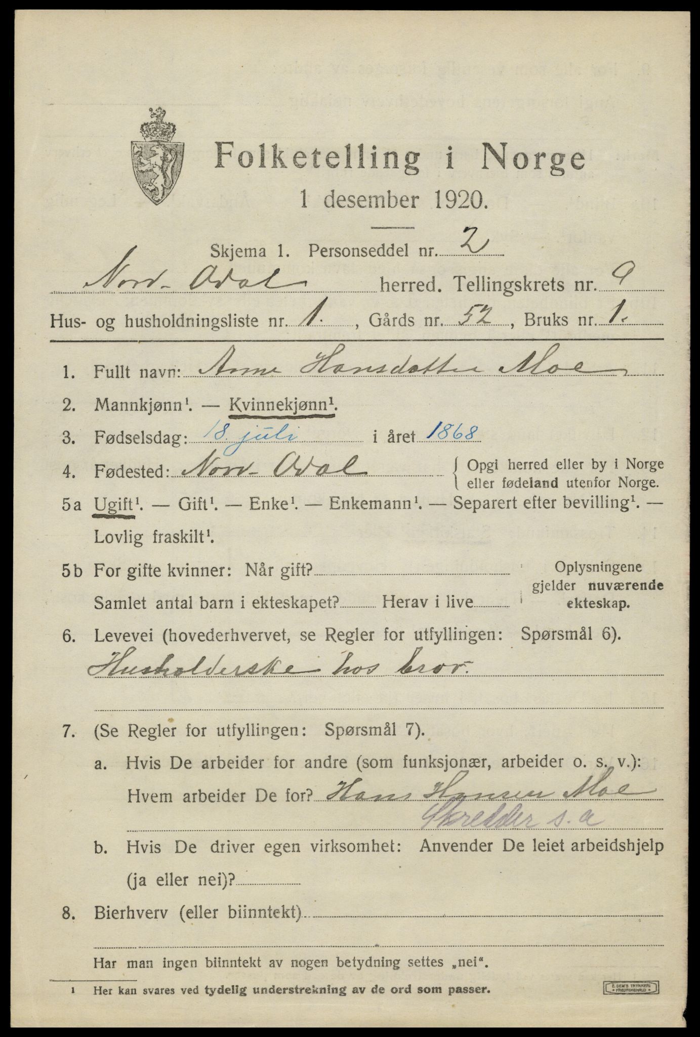 SAH, 1920 census for Nord-Odal, 1920, p. 9577