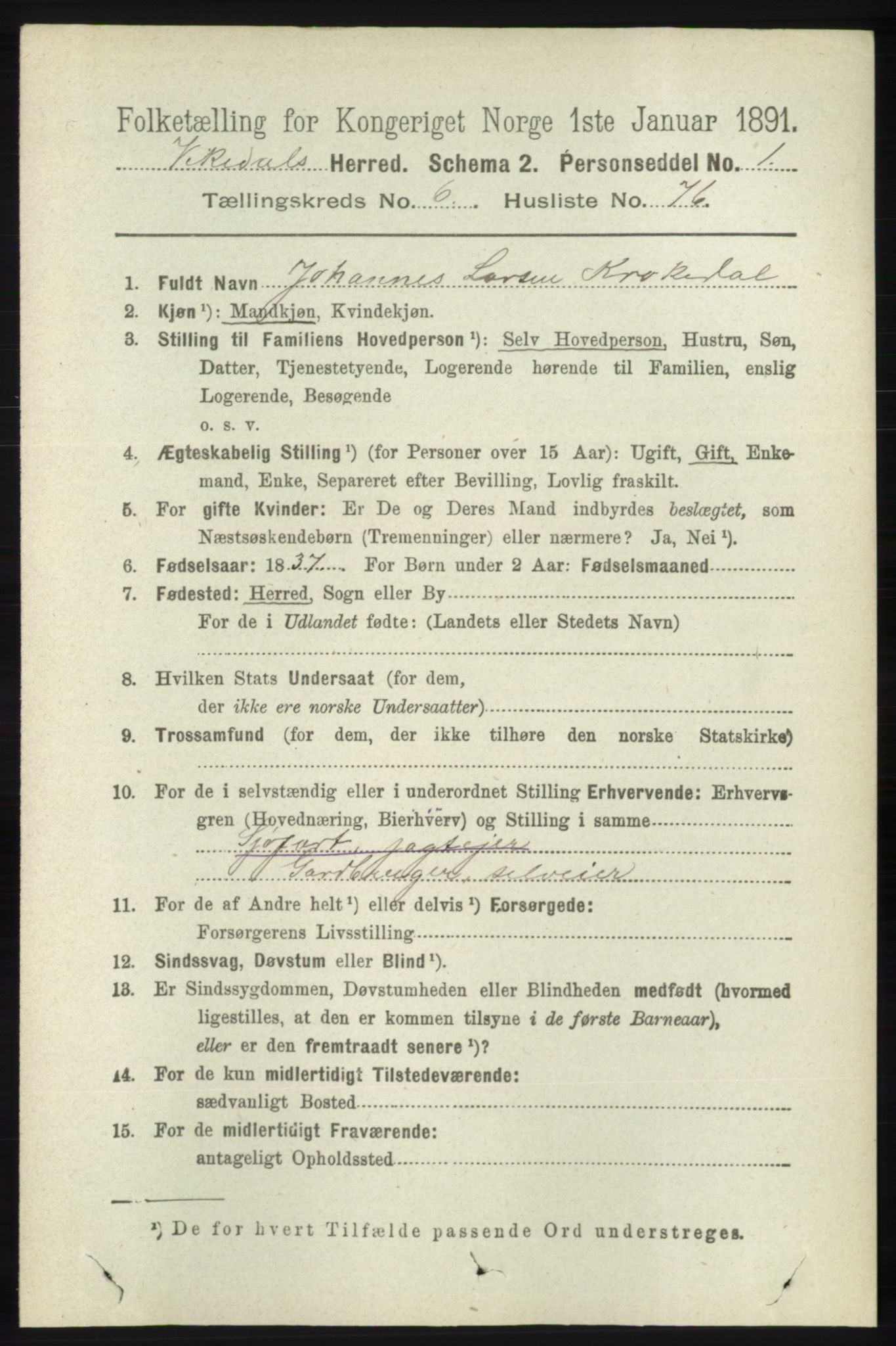 RA, 1891 census for 1157 Vikedal, 1891, p. 1974