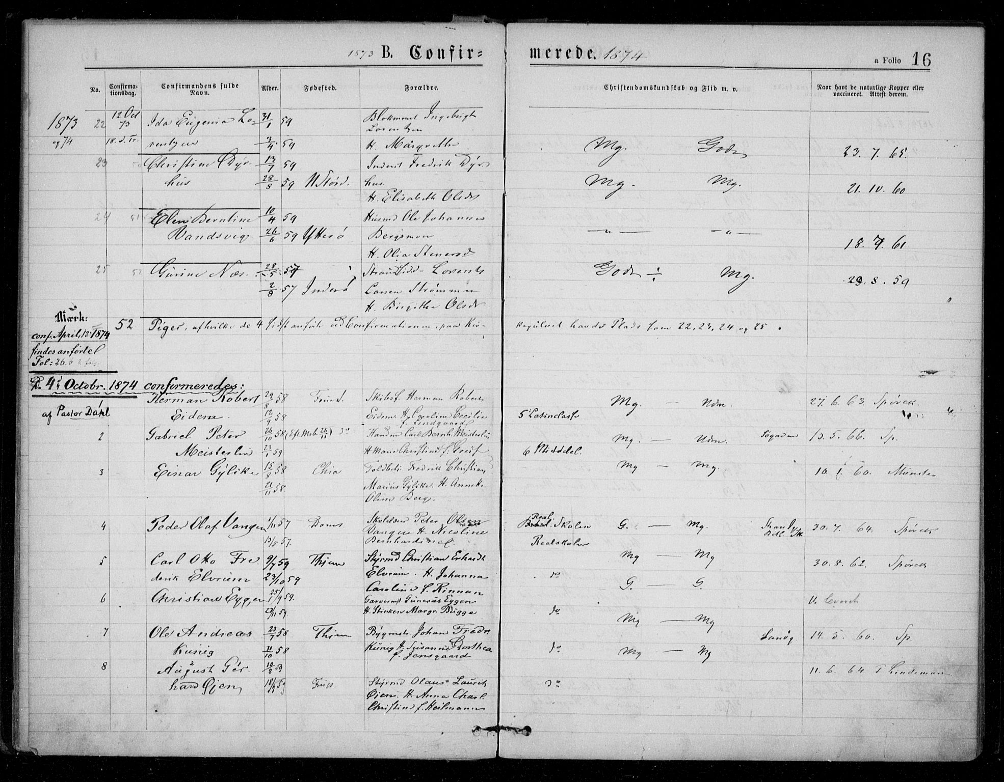Ministerialprotokoller, klokkerbøker og fødselsregistre - Sør-Trøndelag, SAT/A-1456/602/L0121: Parish register (official) no. 602A19, 1872-1879, p. 16