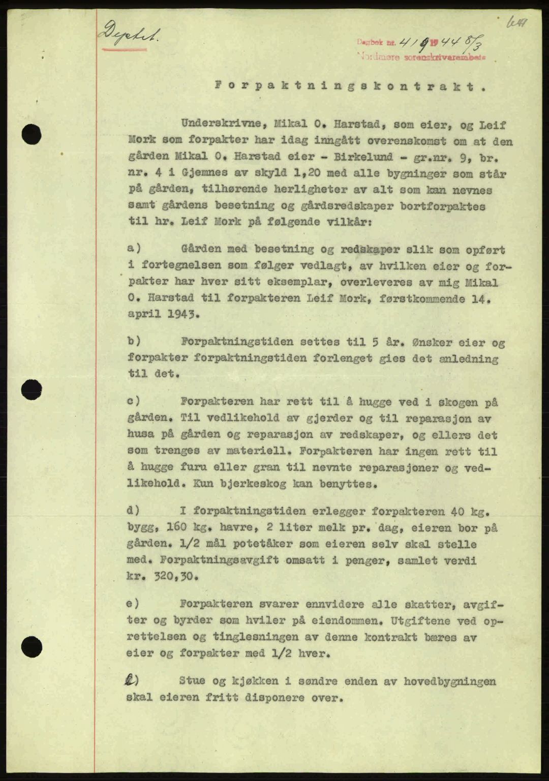 Nordmøre sorenskriveri, AV/SAT-A-4132/1/2/2Ca: Mortgage book no. B91, 1943-1944, Diary no: : 419/1944