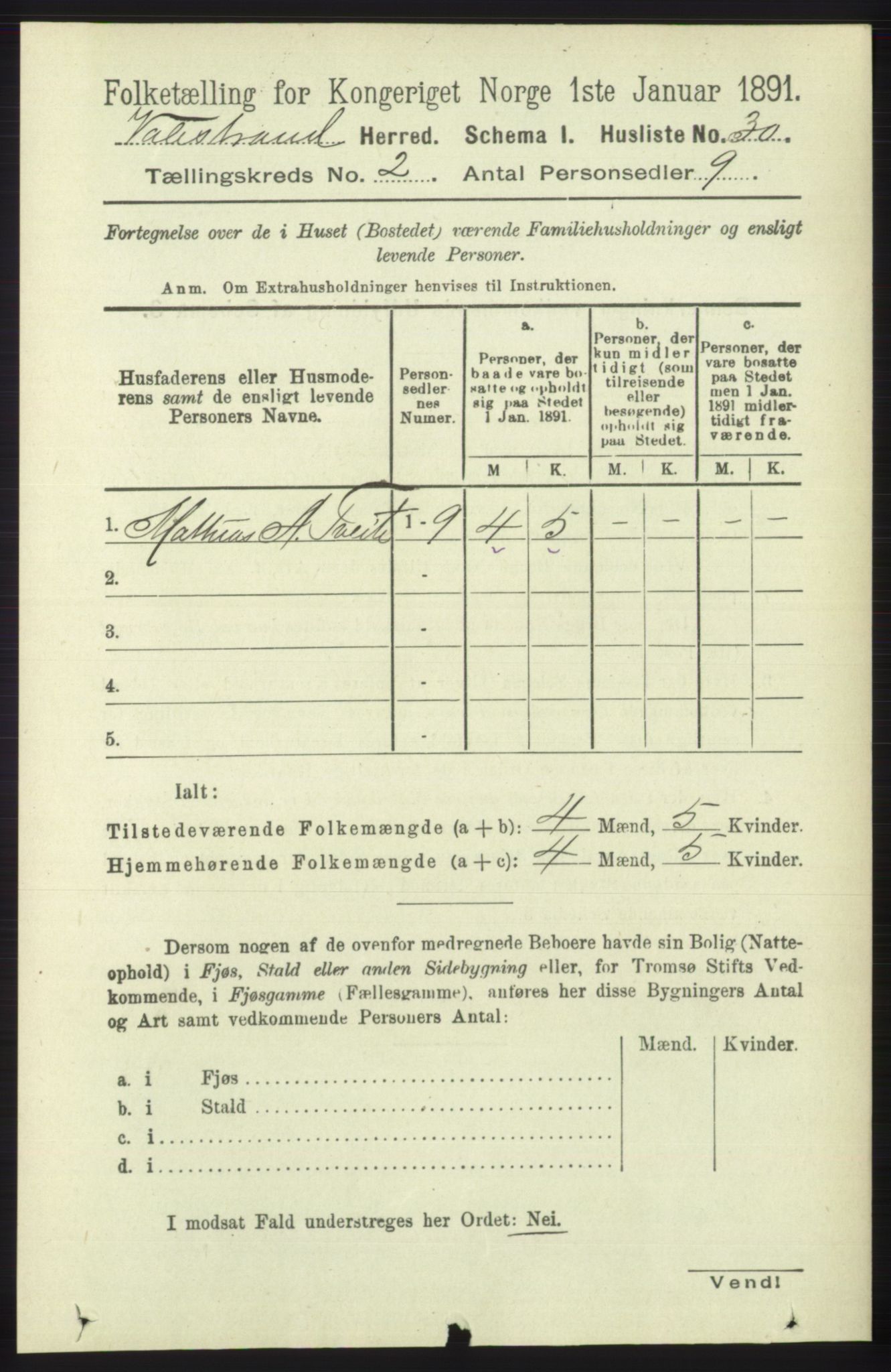 RA, 1891 census for 1217 Valestrand, 1891, p. 289