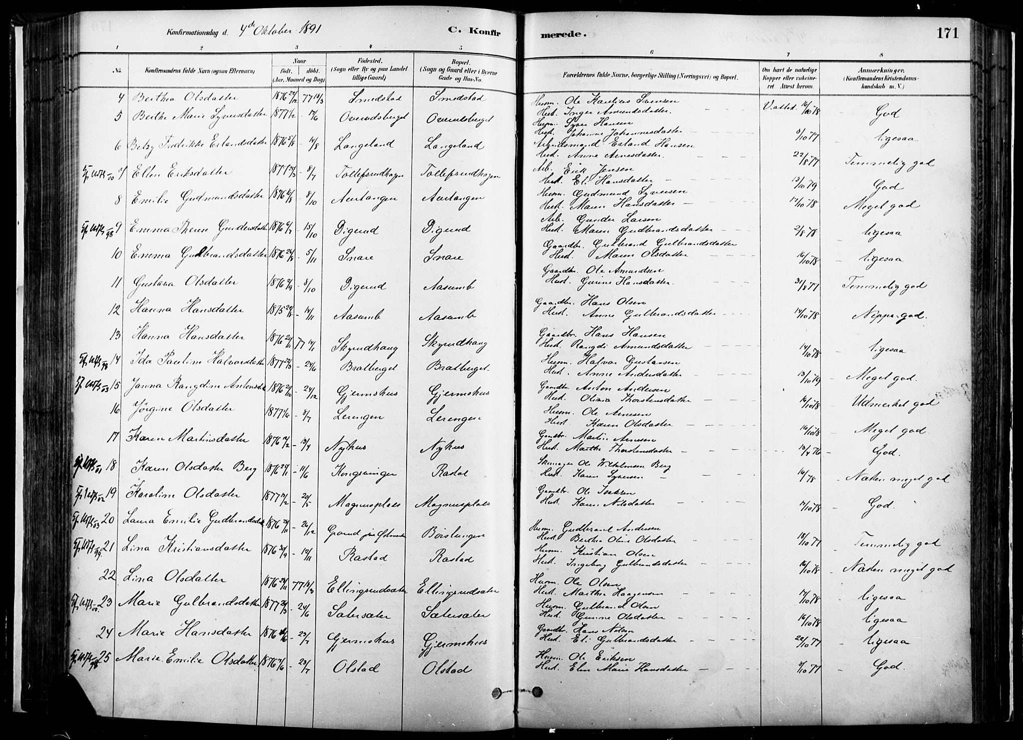 Vinger prestekontor, AV/SAH-PREST-024/H/Ha/Haa/L0014: Parish register (official) no. 14, 1881-1900, p. 171