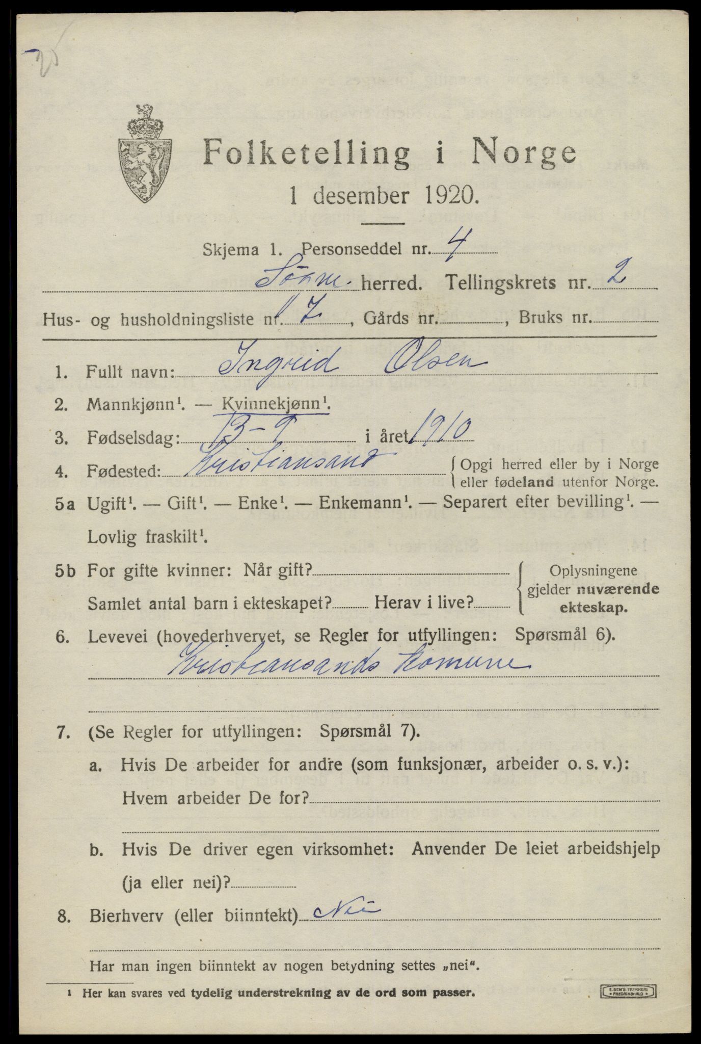 SAK, 1920 census for Søgne, 1920, p. 1519