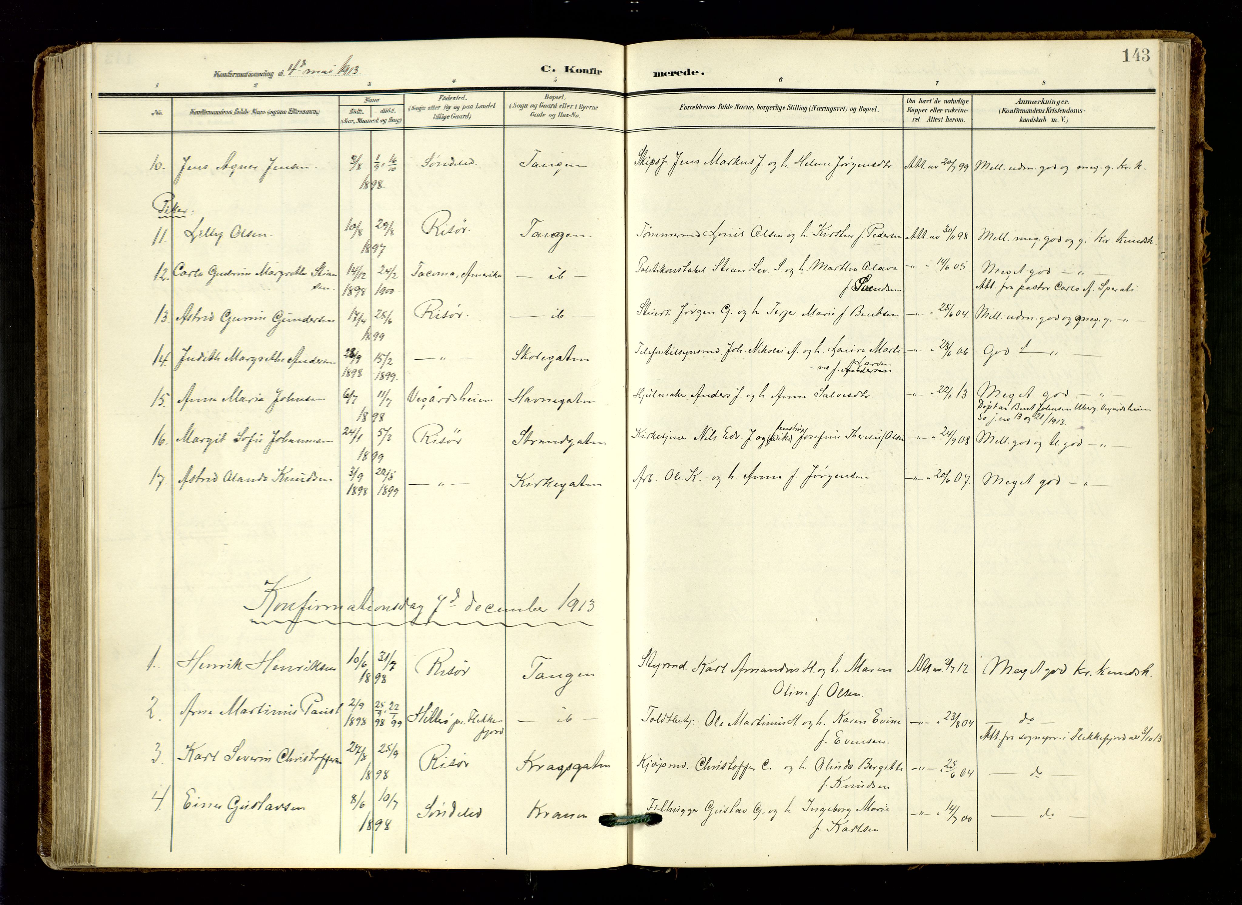 Risør sokneprestkontor, AV/SAK-1111-0035/F/Fa/L0011: Parish register (official) no. A 11, 1907-1920, p. 143