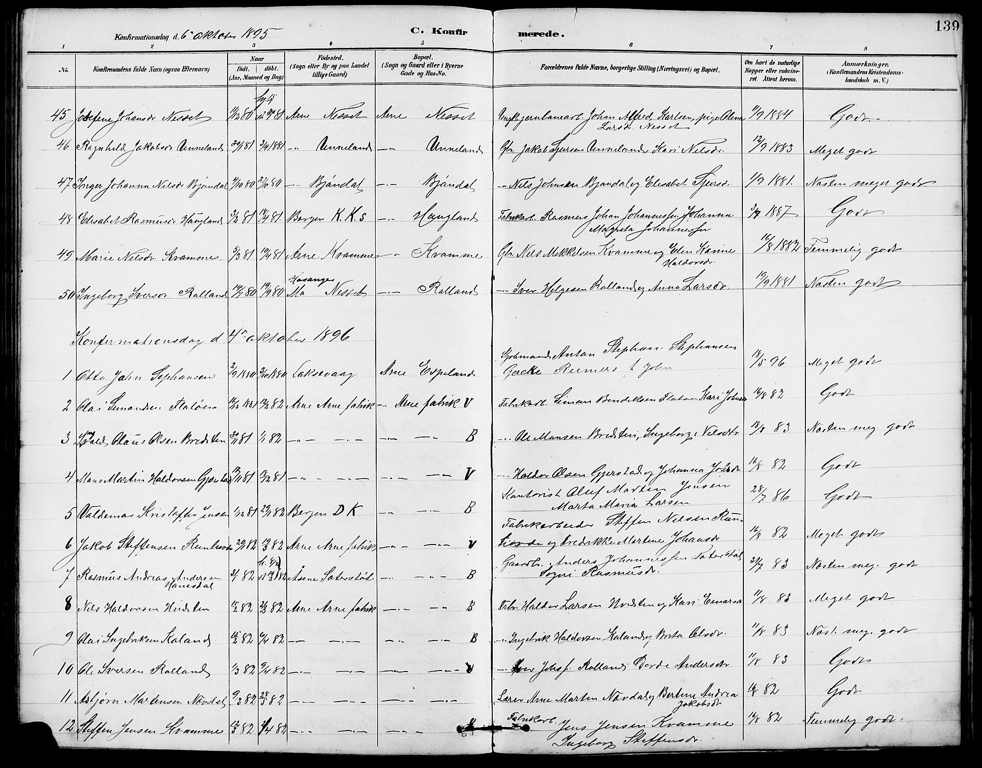 Arna Sokneprestembete, SAB/A-74001/H/Ha/Hab: Parish register (copy) no. A 3, 1887-1897, p. 139