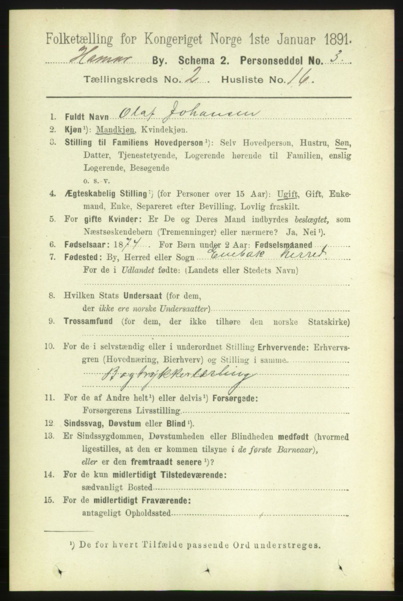 RA, 1891 census for 0401 Hamar, 1891, p. 1200