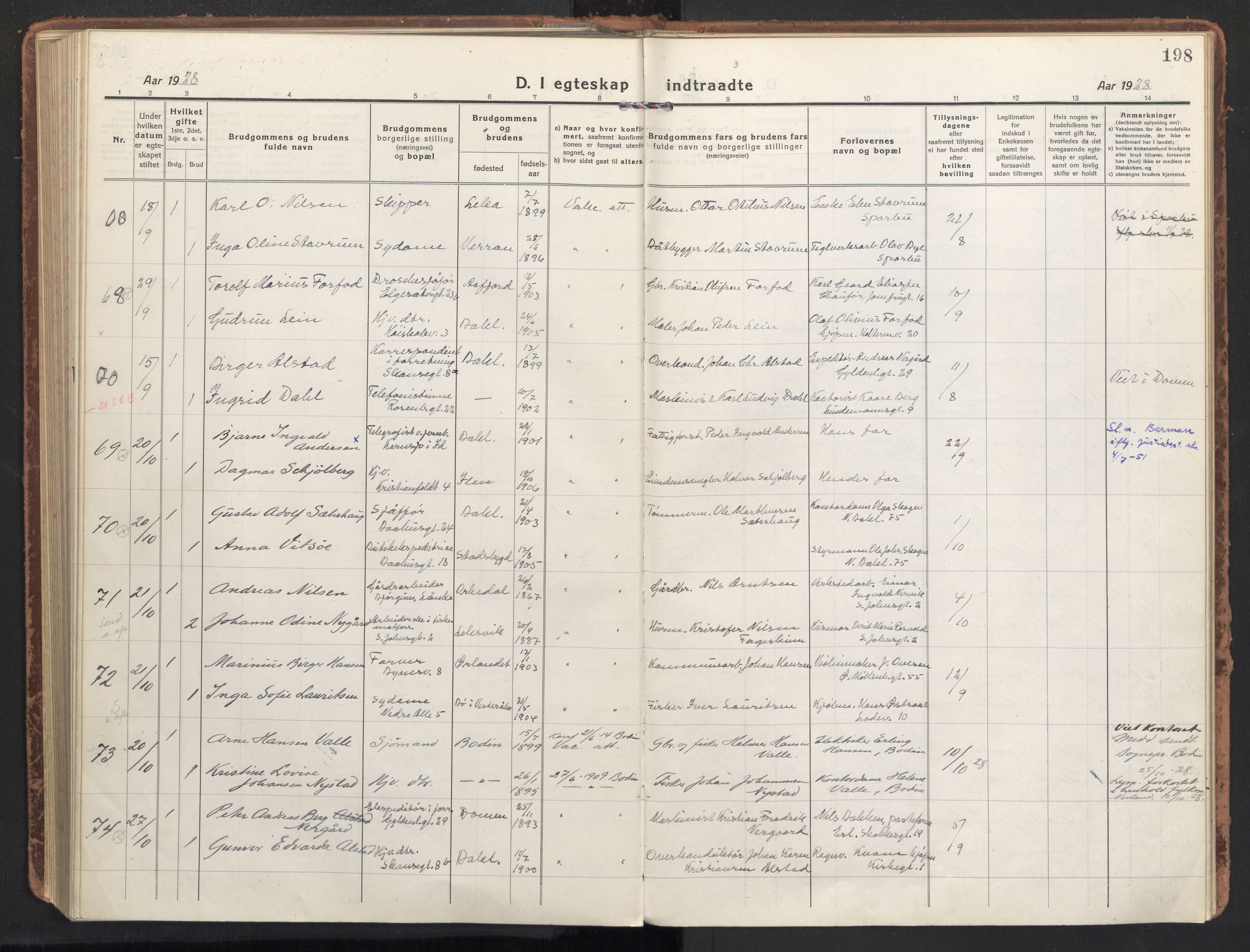 Ministerialprotokoller, klokkerbøker og fødselsregistre - Sør-Trøndelag, AV/SAT-A-1456/604/L0206: Parish register (official) no. 604A26, 1917-1931, p. 198