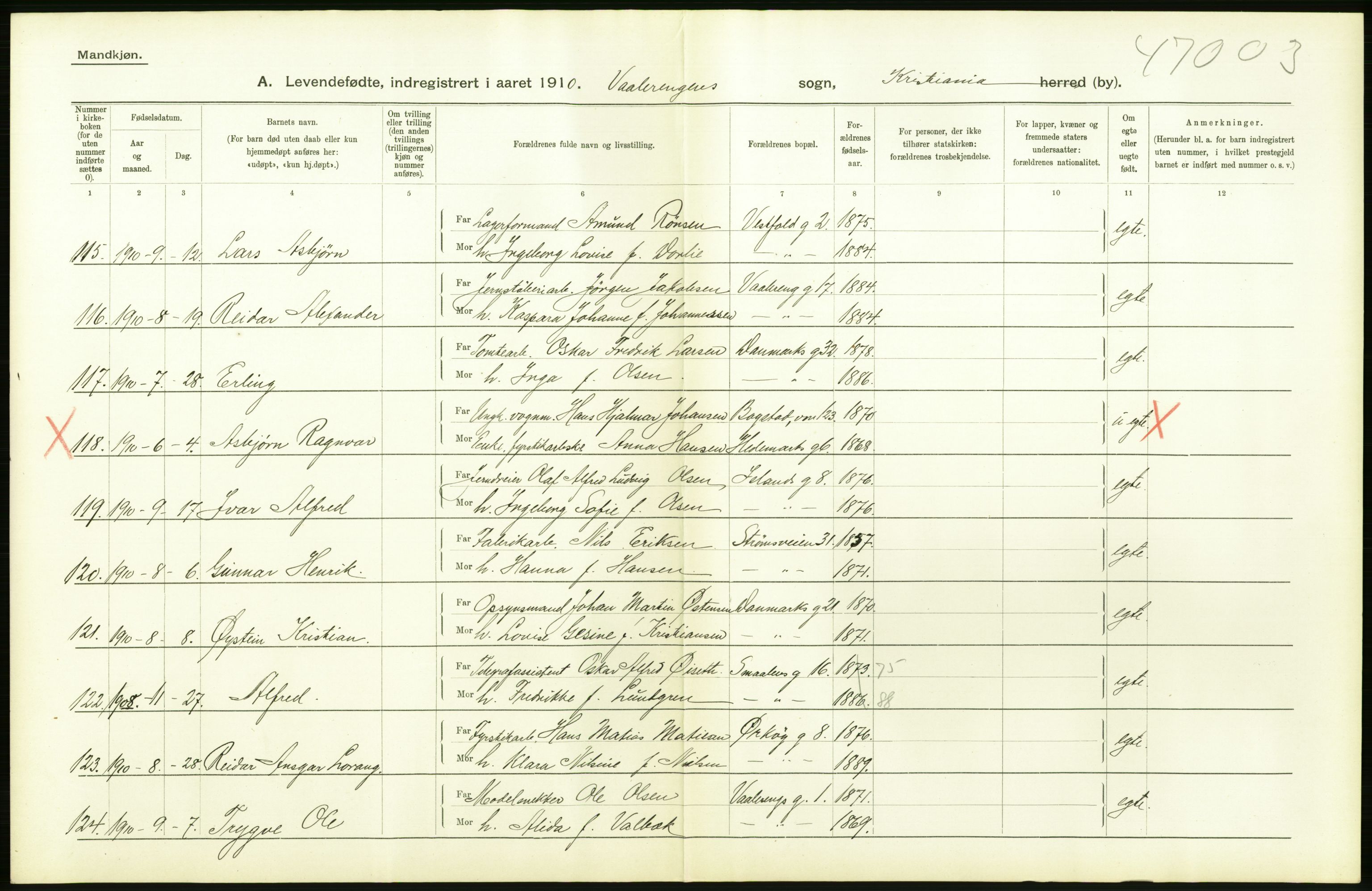 Statistisk sentralbyrå, Sosiodemografiske emner, Befolkning, AV/RA-S-2228/D/Df/Dfa/Dfah/L0006: Kristiania: Levendefødte menn., 1910, p. 430