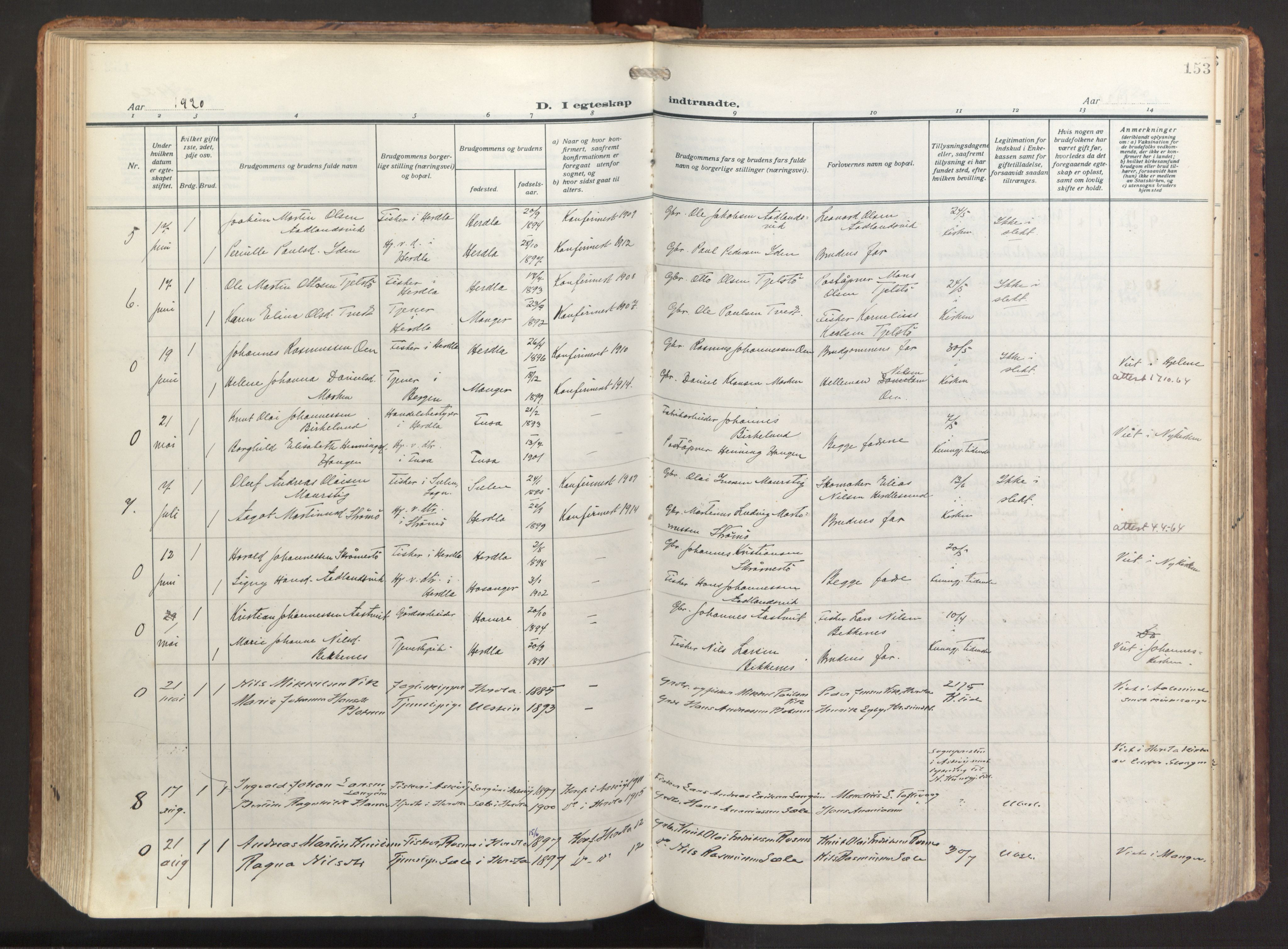 Herdla Sokneprestembete, AV/SAB-A-75701/H/Haa: Parish register (official) no. A 6, 1918-1933, p. 153