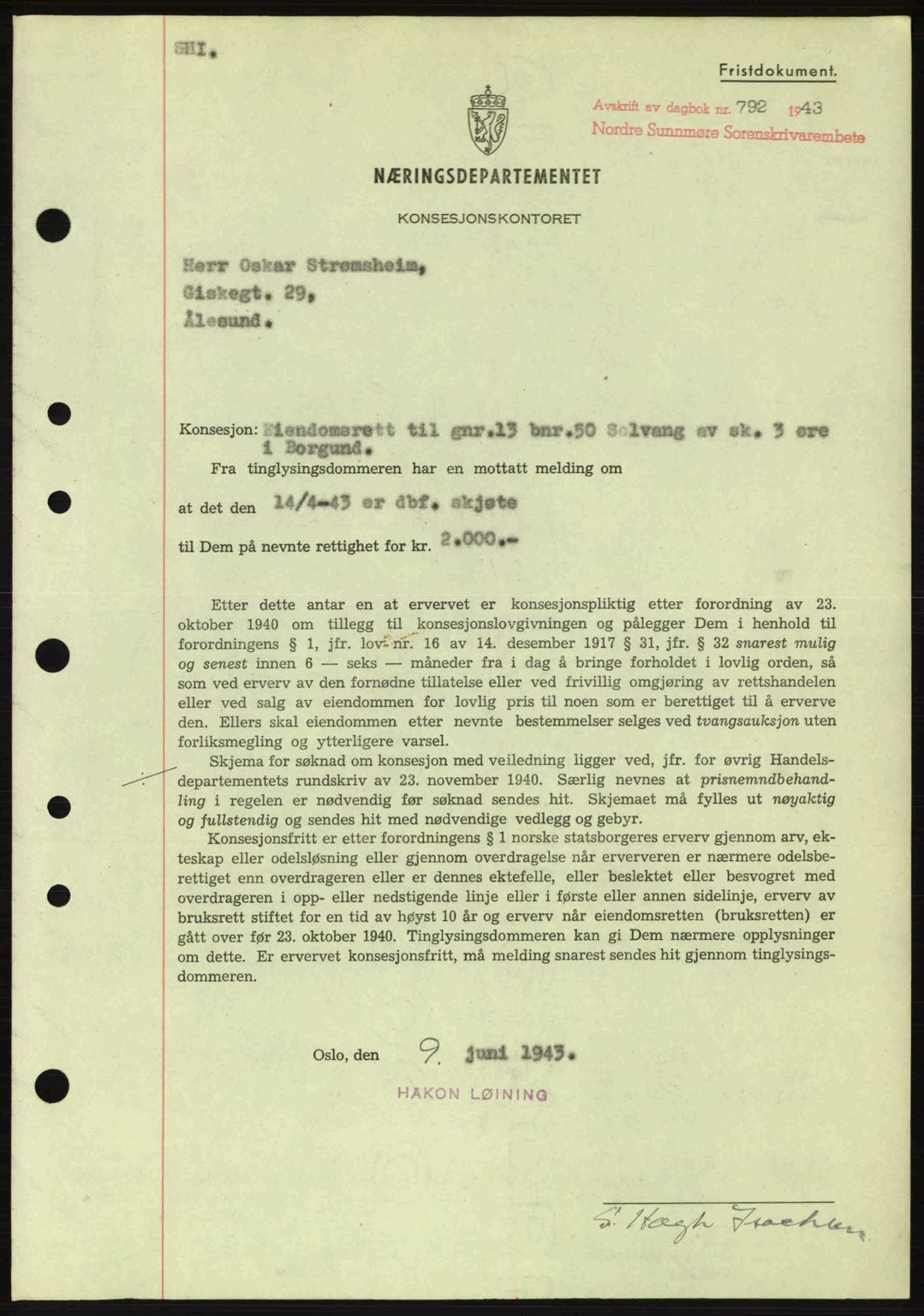 Nordre Sunnmøre sorenskriveri, SAT/A-0006/1/2/2C/2Ca: Mortgage book no. B6-14 a, 1942-1945, Diary no: : 792/1943