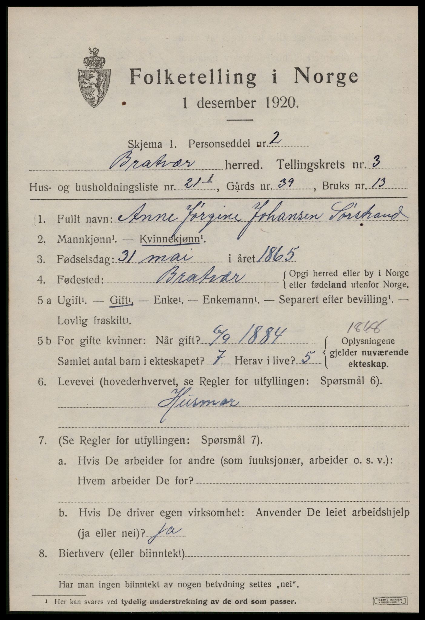 SAT, 1920 census for Brattvær, 1920, p. 1418