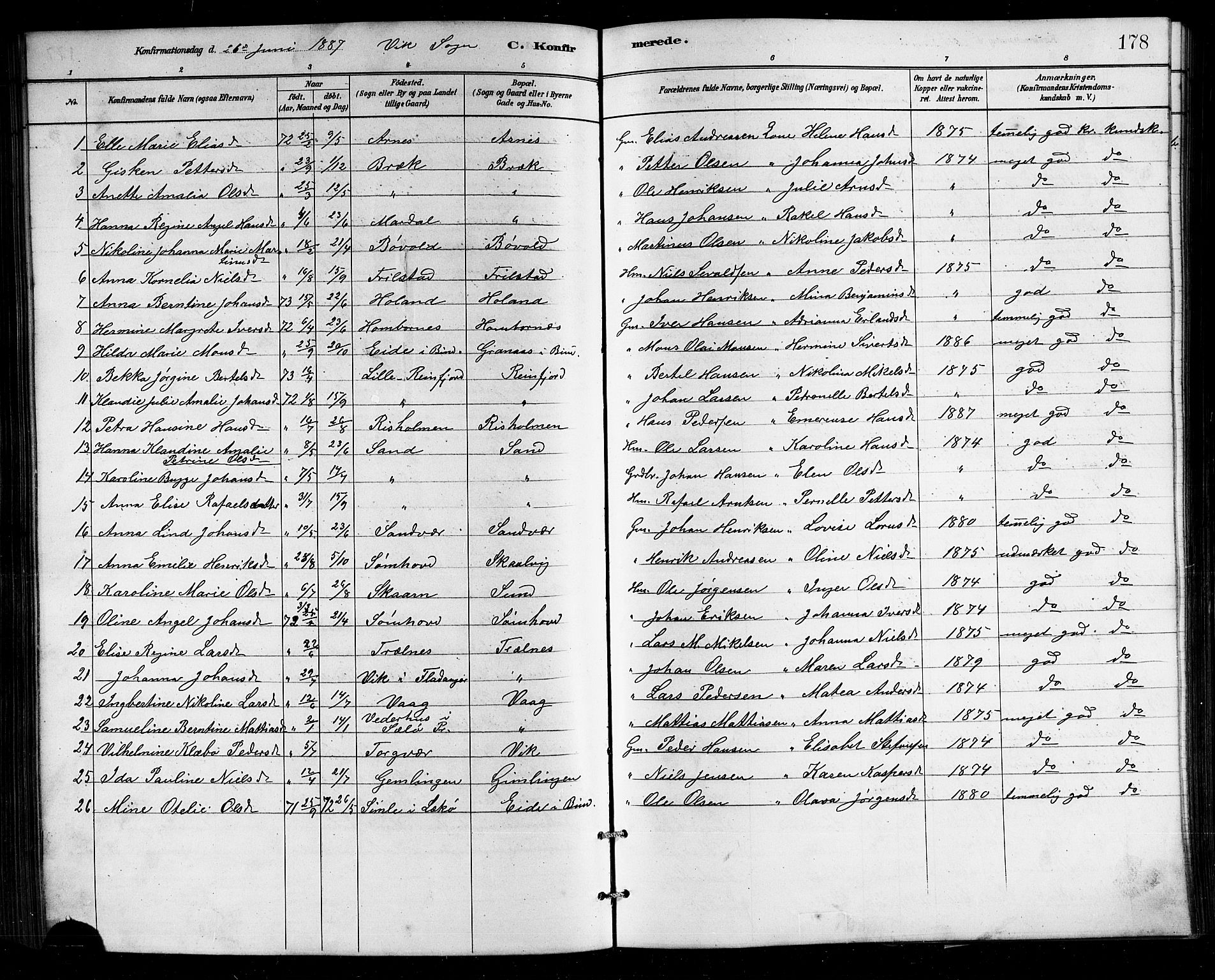 Ministerialprotokoller, klokkerbøker og fødselsregistre - Nordland, AV/SAT-A-1459/812/L0188: Parish register (copy) no. 812C06, 1884-1912, p. 178