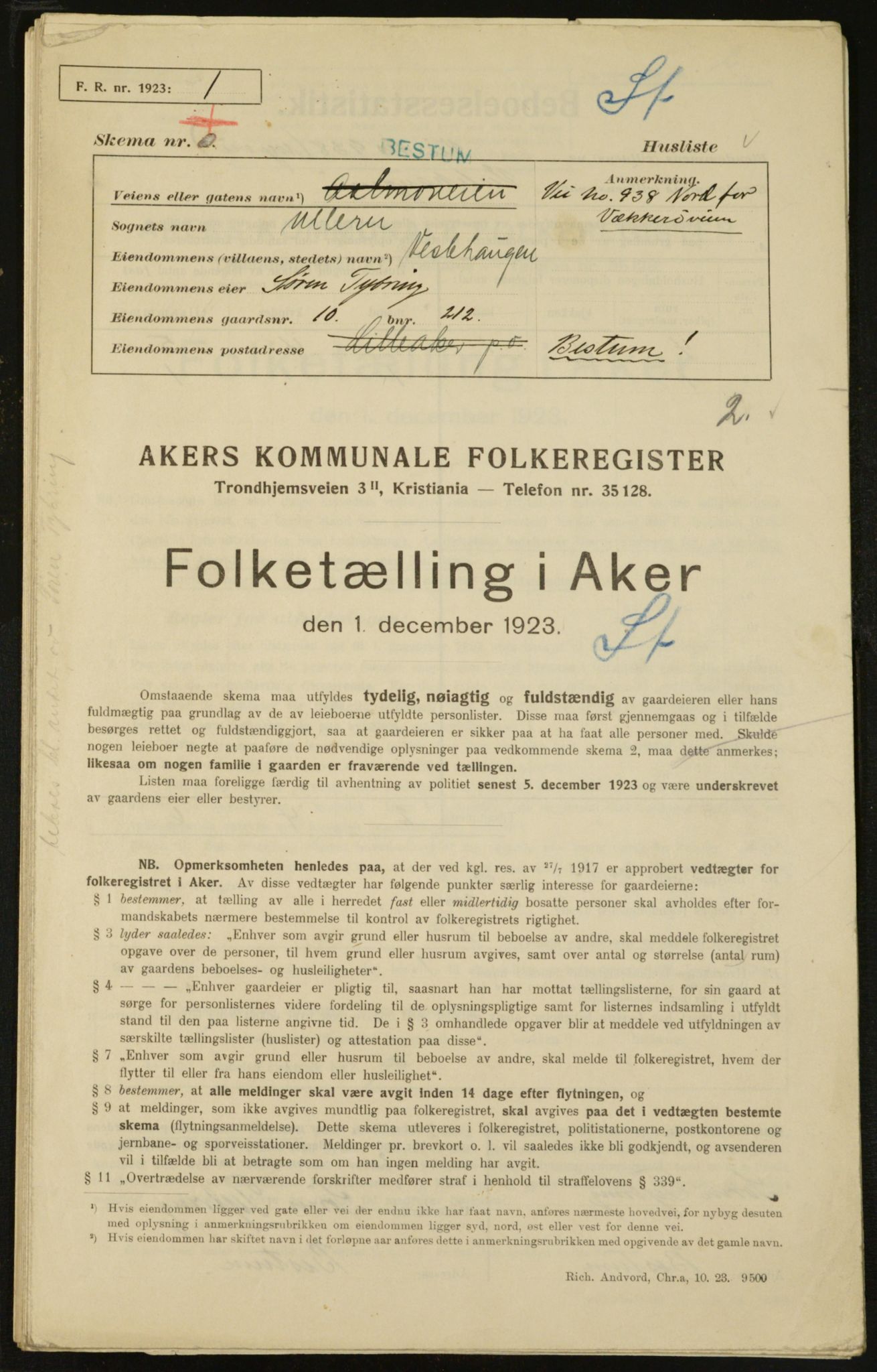 , Municipal Census 1923 for Aker, 1923, p. 8