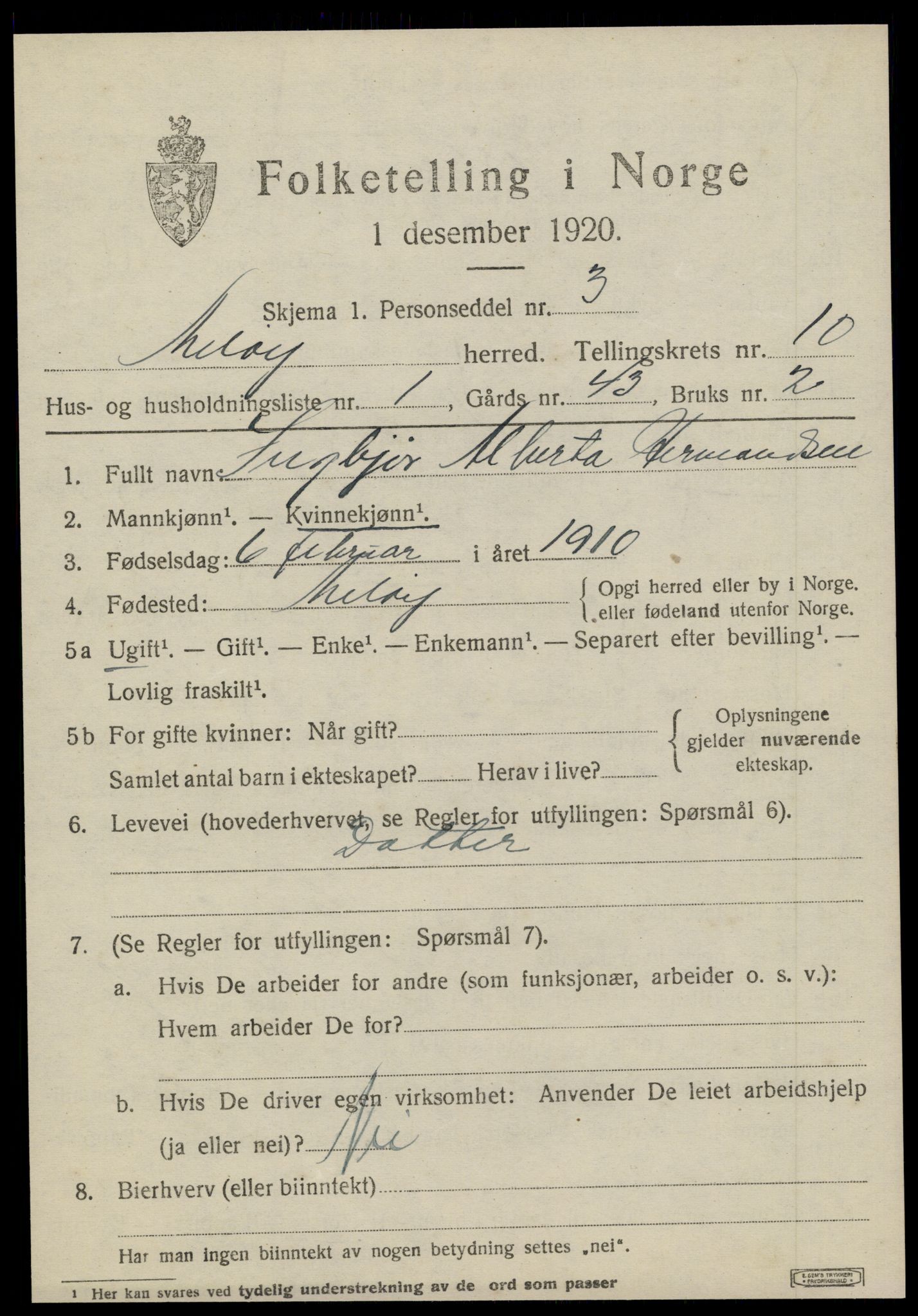 SAT, 1920 census for Meløy, 1920, p. 5171