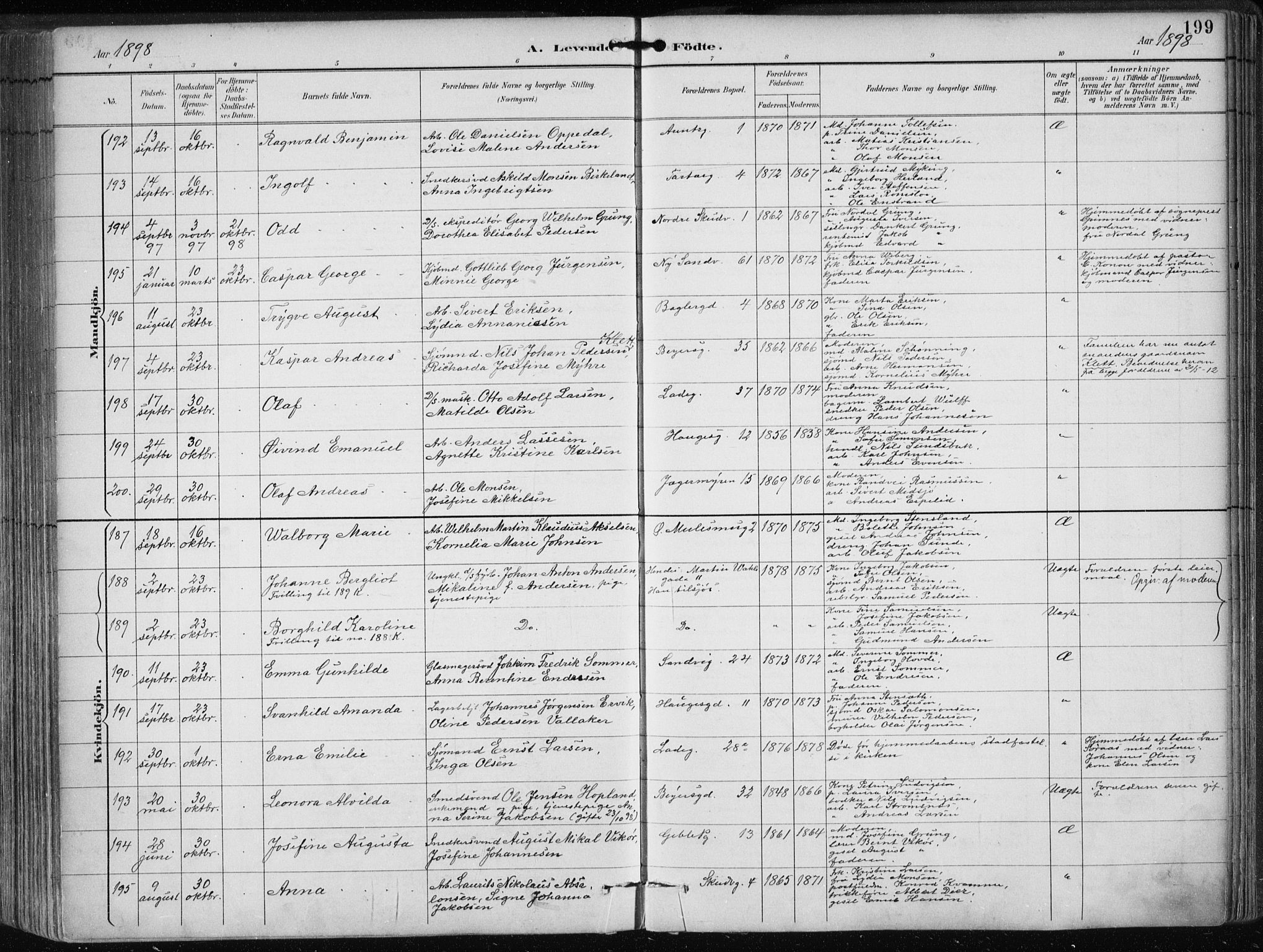 Sandviken Sokneprestembete, AV/SAB-A-77601/H/Ha/L0005: Parish register (official) no. B 2, 1891-1901, p. 199