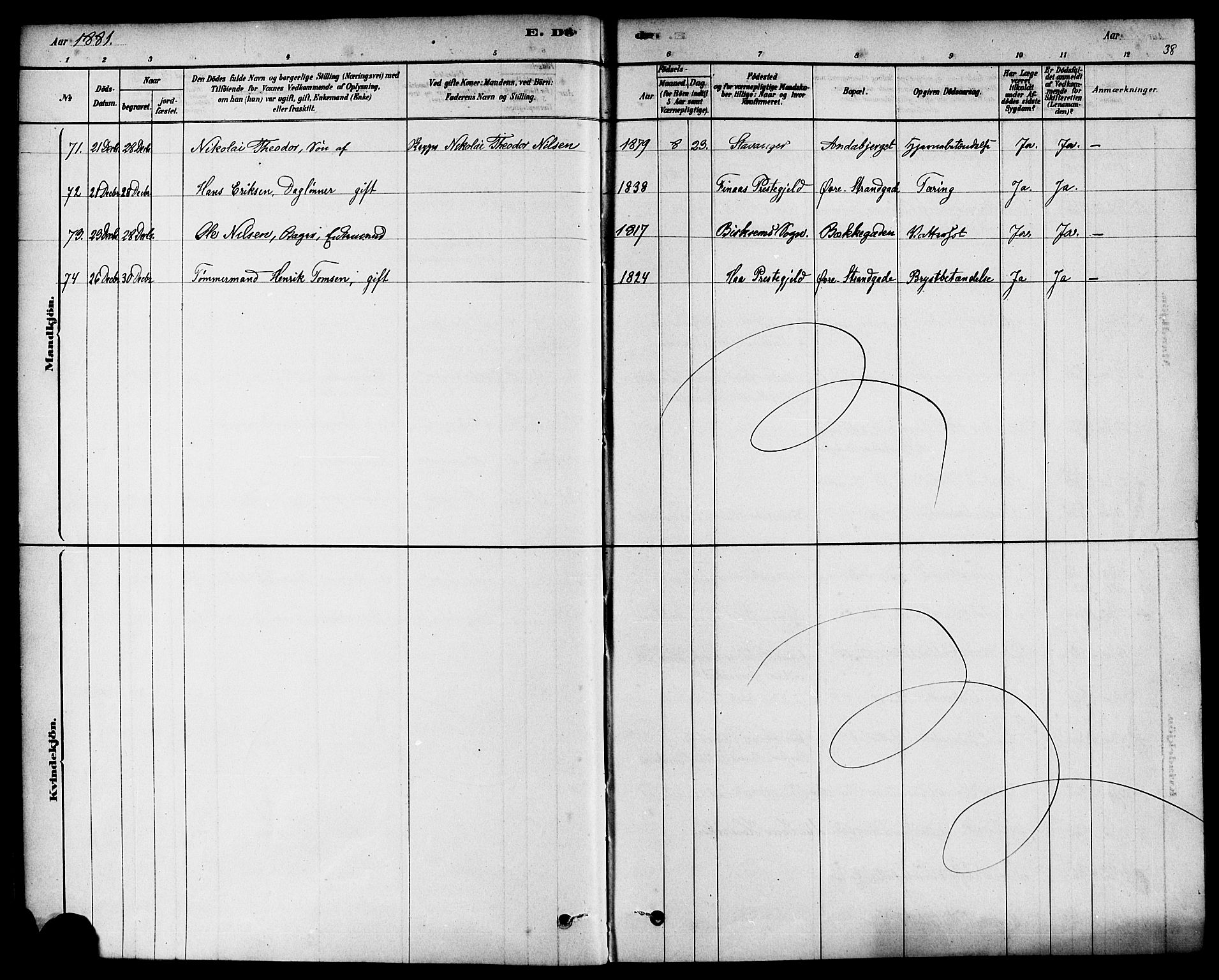 Domkirken sokneprestkontor, AV/SAST-A-101812/001/30/30BA/L0027: Parish register (official) no. A 26, 1878-1896, p. 38