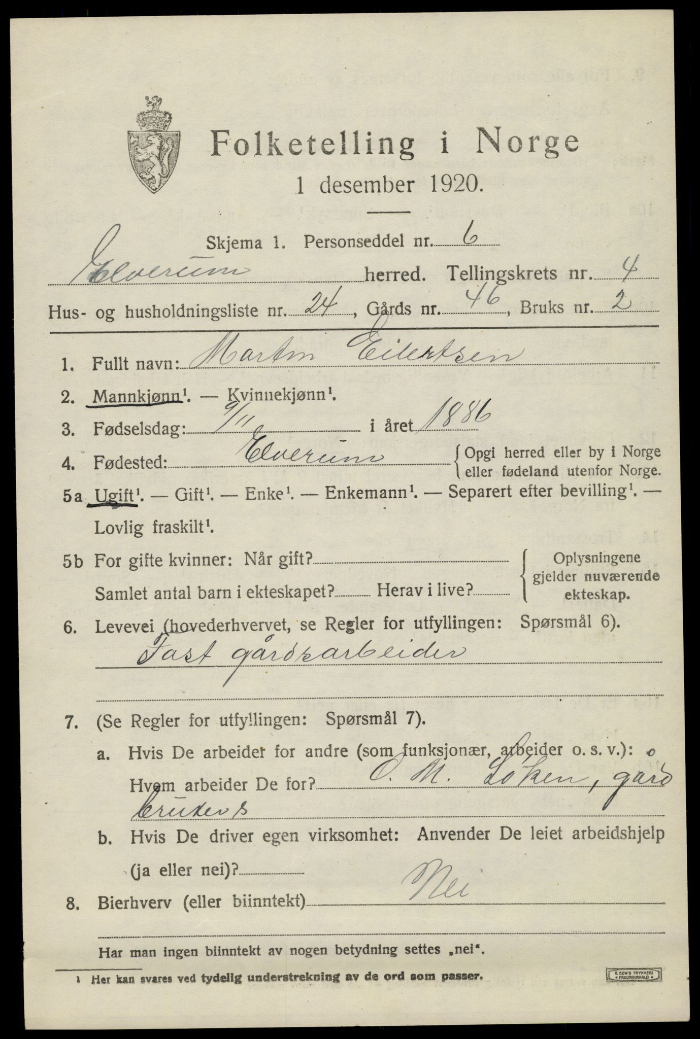 SAH, 1920 census for Elverum, 1920, p. 6924