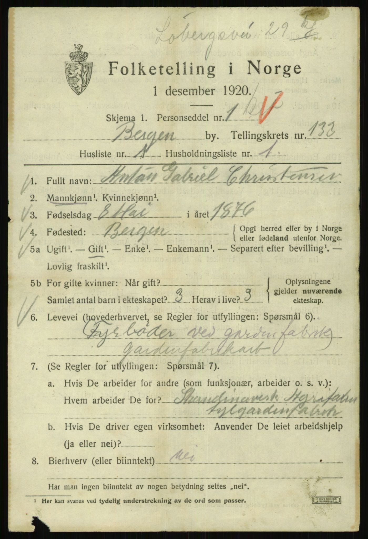 SAB, 1920 census for Bergen, 1920, p. 223654