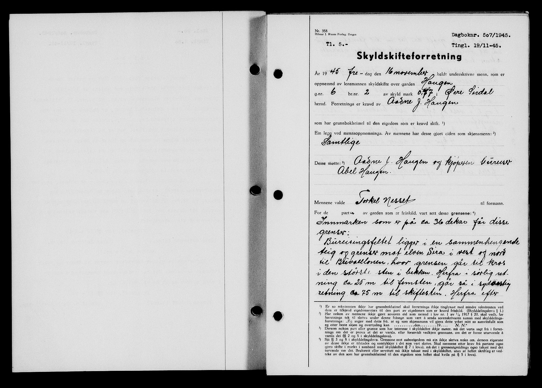 Flekkefjord sorenskriveri, AV/SAK-1221-0001/G/Gb/Gba/L0060: Mortgage book no. A-8, 1945-1946, Diary no: : 507/1945