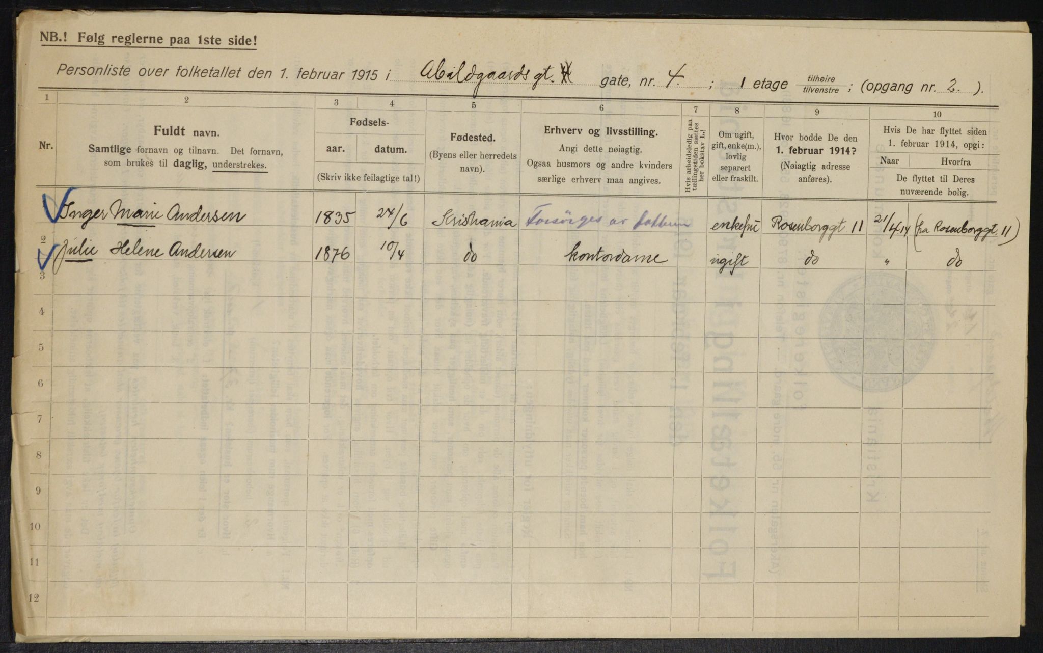 OBA, Municipal Census 1915 for Kristiania, 1915, p. 21