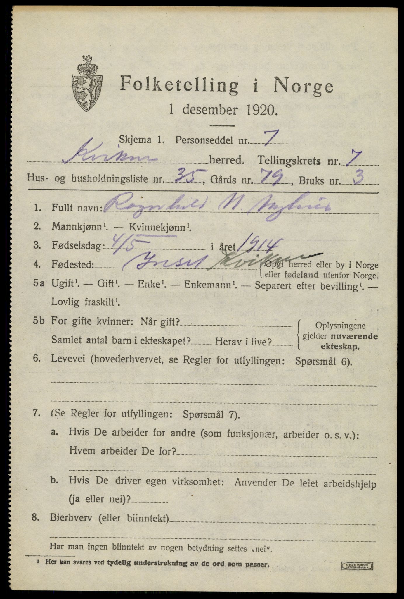 SAH, 1920 census for Kvikne, 1920, p. 3308