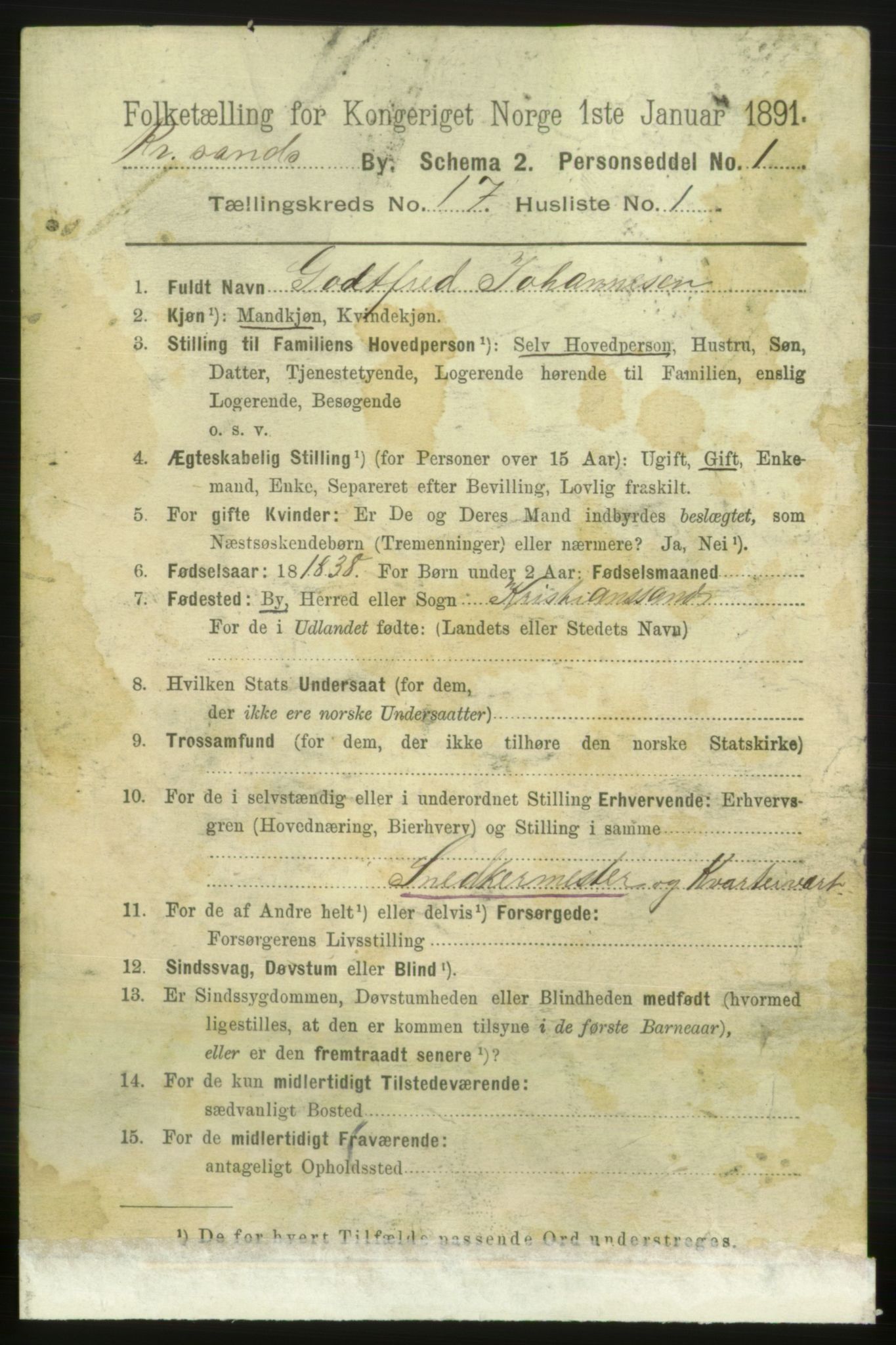 RA, 1891 census for 1001 Kristiansand, 1891, p. 6678