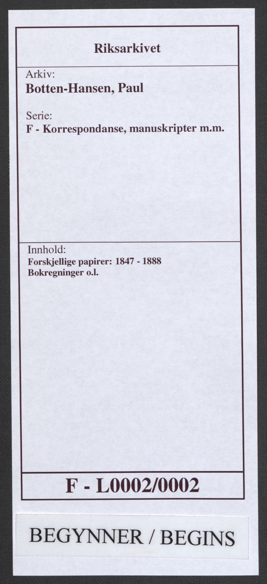 Botten-Hansen, Paul, RA/PA-0017/F/L0002/0002: Forskjellige papirer: / Bokregninger o.l., 1824-1869, p. 1