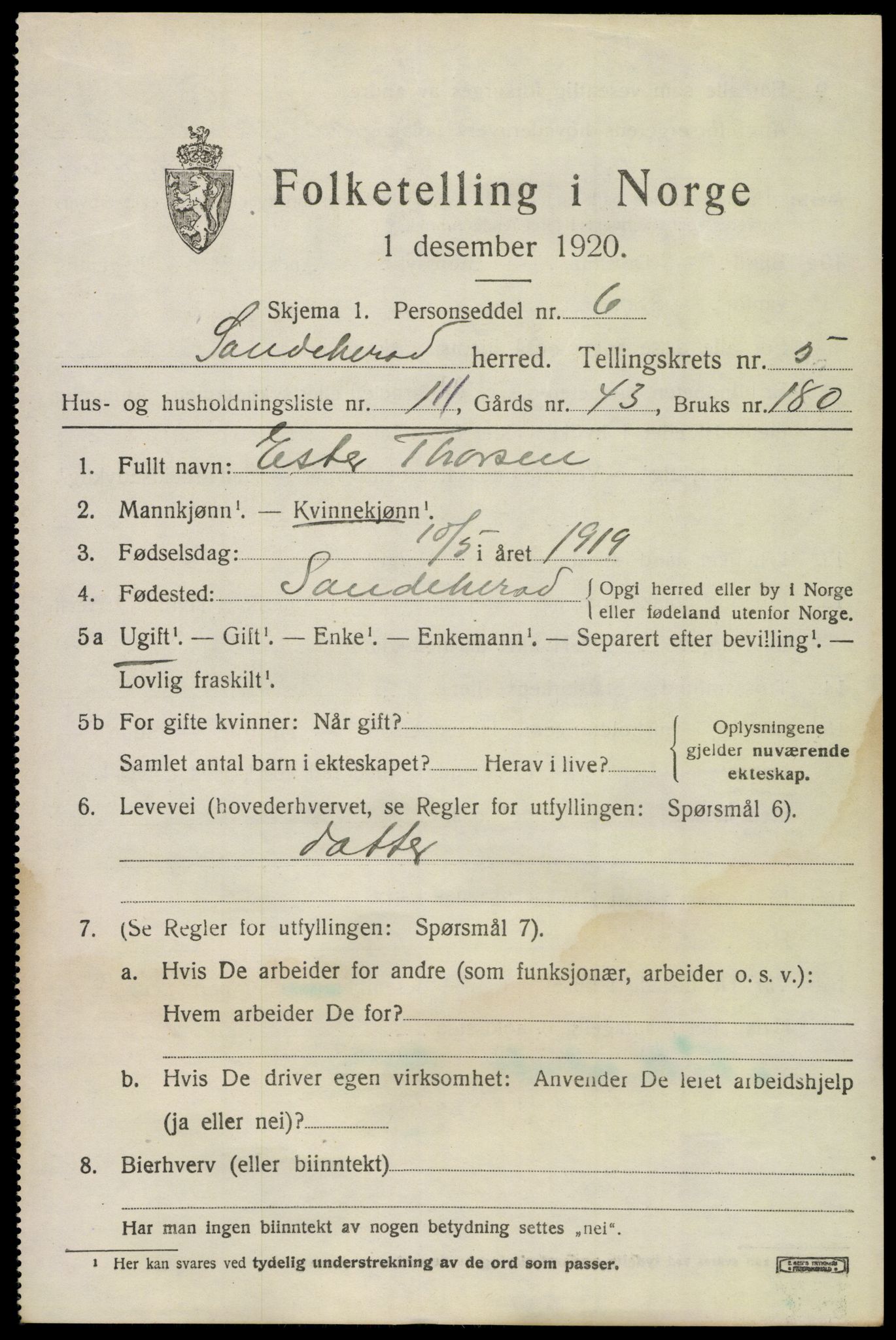 SAKO, 1920 census for Sandeherred, 1920, p. 9556