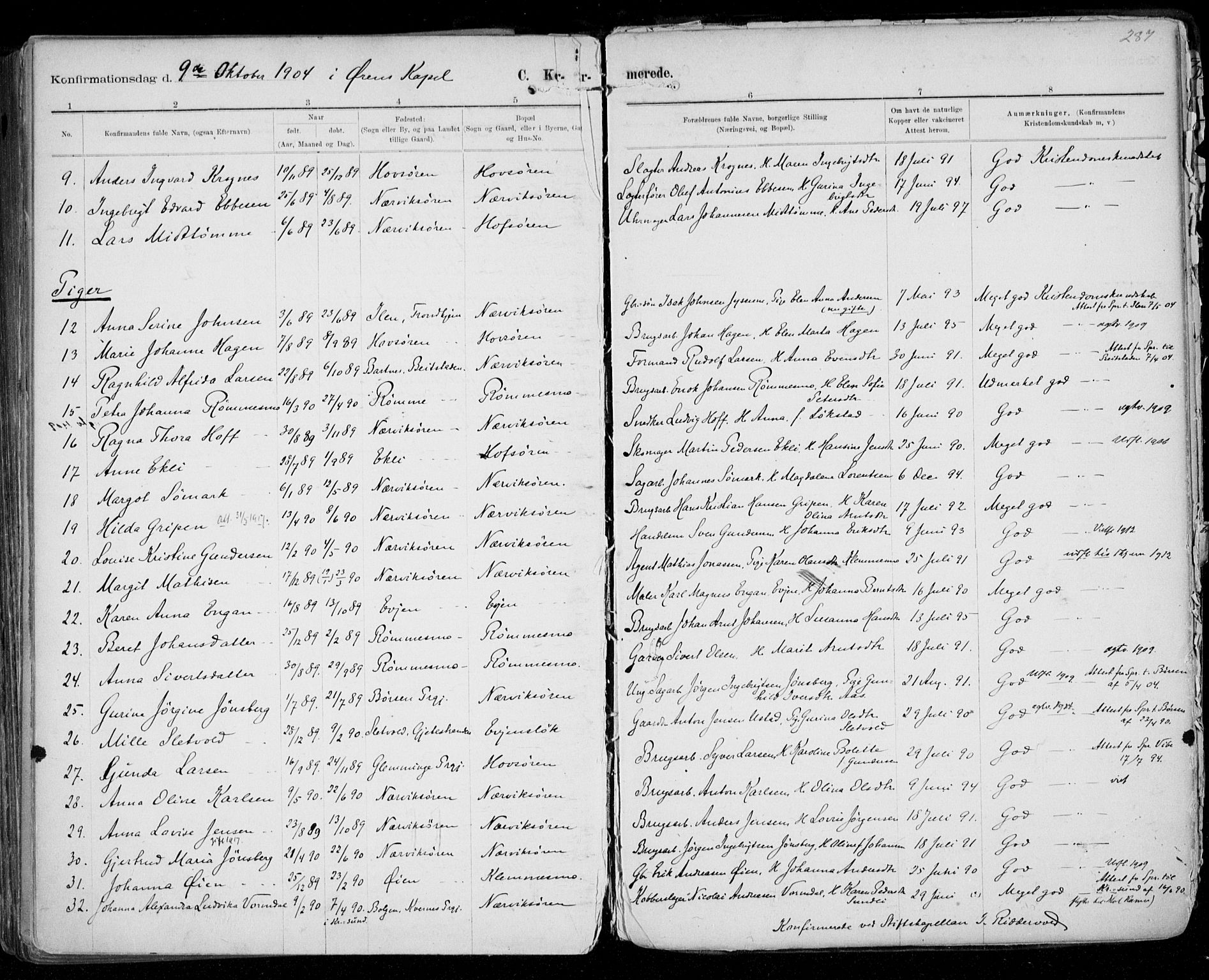 Ministerialprotokoller, klokkerbøker og fødselsregistre - Sør-Trøndelag, SAT/A-1456/668/L0811: Parish register (official) no. 668A11, 1894-1913, p. 287