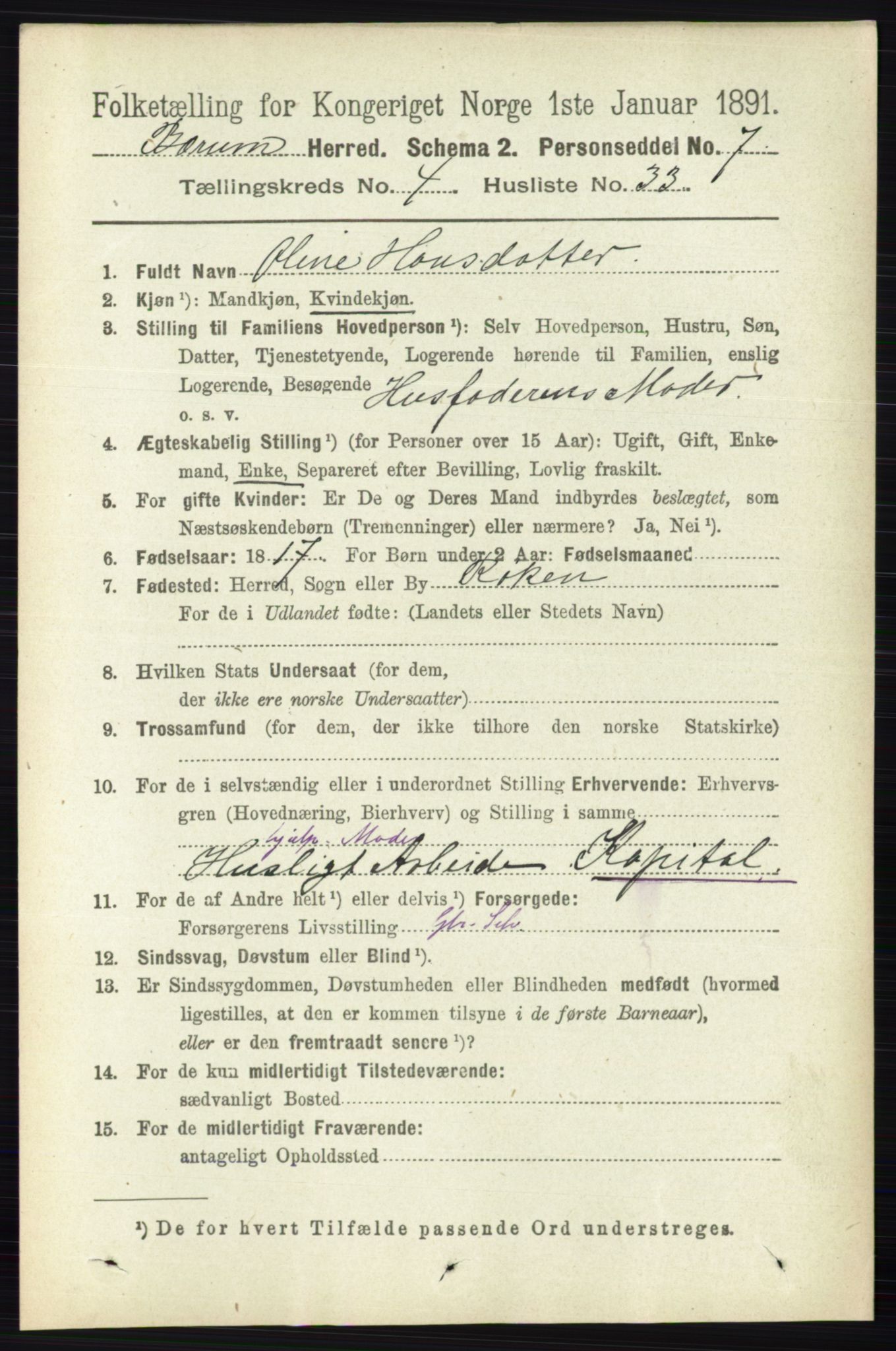 RA, 1891 census for 0219 Bærum, 1891, p. 2691