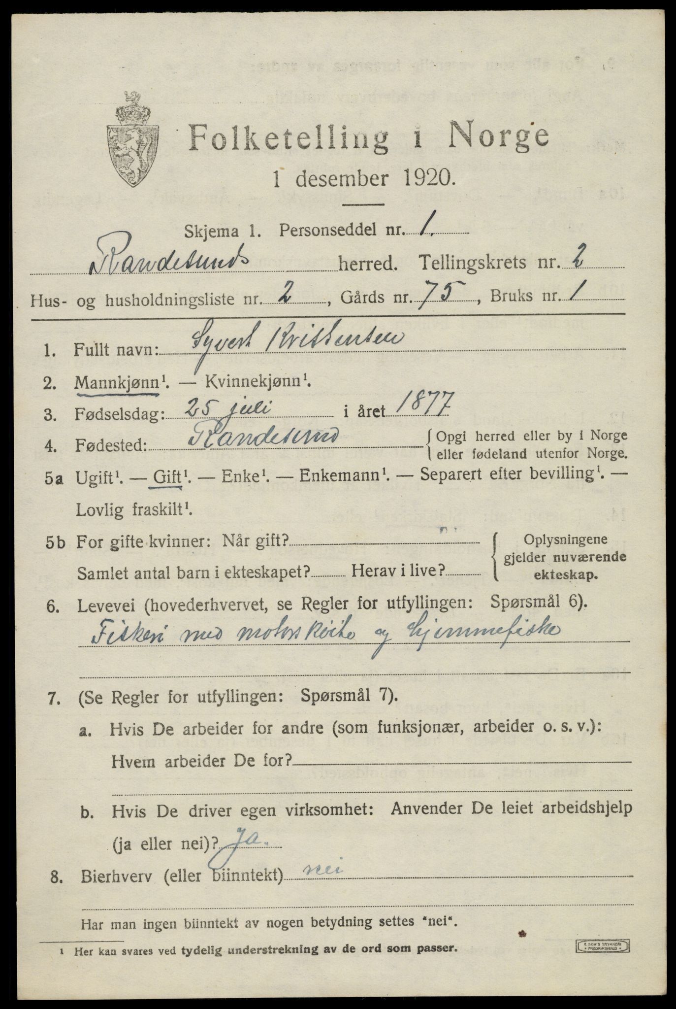 SAK, 1920 census for Randesund, 1920, p. 1094