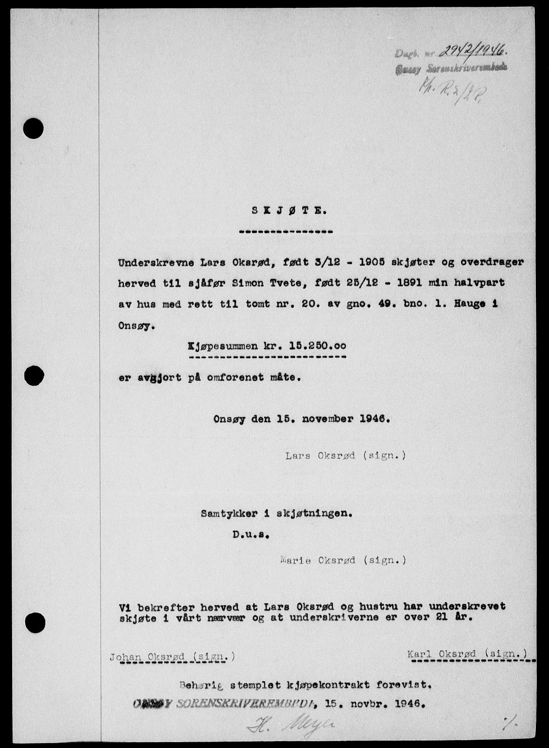 Onsøy sorenskriveri, SAO/A-10474/G/Ga/Gab/L0018: Mortgage book no. II A-18, 1946-1947, Diary no: : 2942/1946