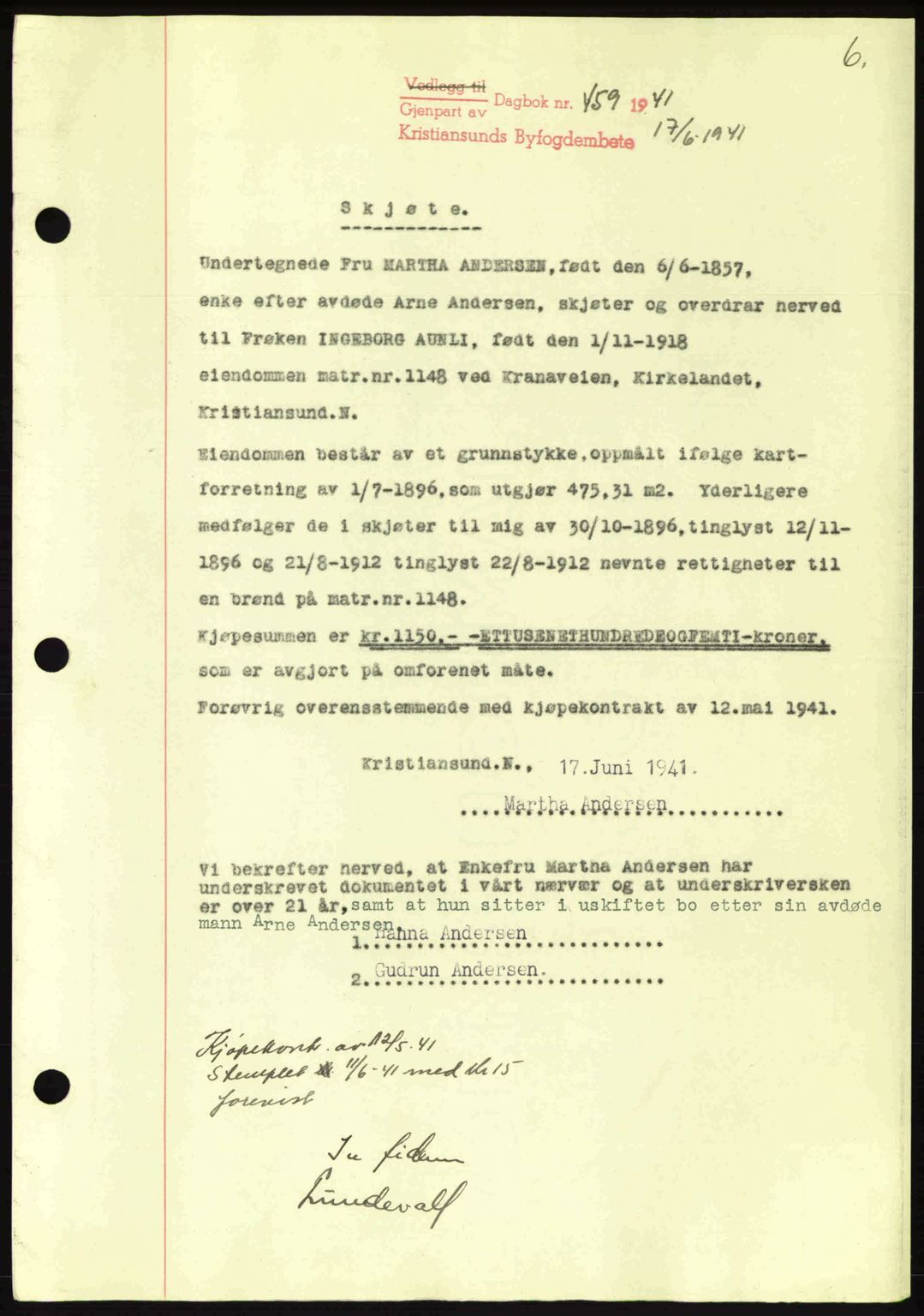 Kristiansund byfogd, AV/SAT-A-4587/A/27: Mortgage book no. 34, 1941-1945, Diary no: : 459/1941