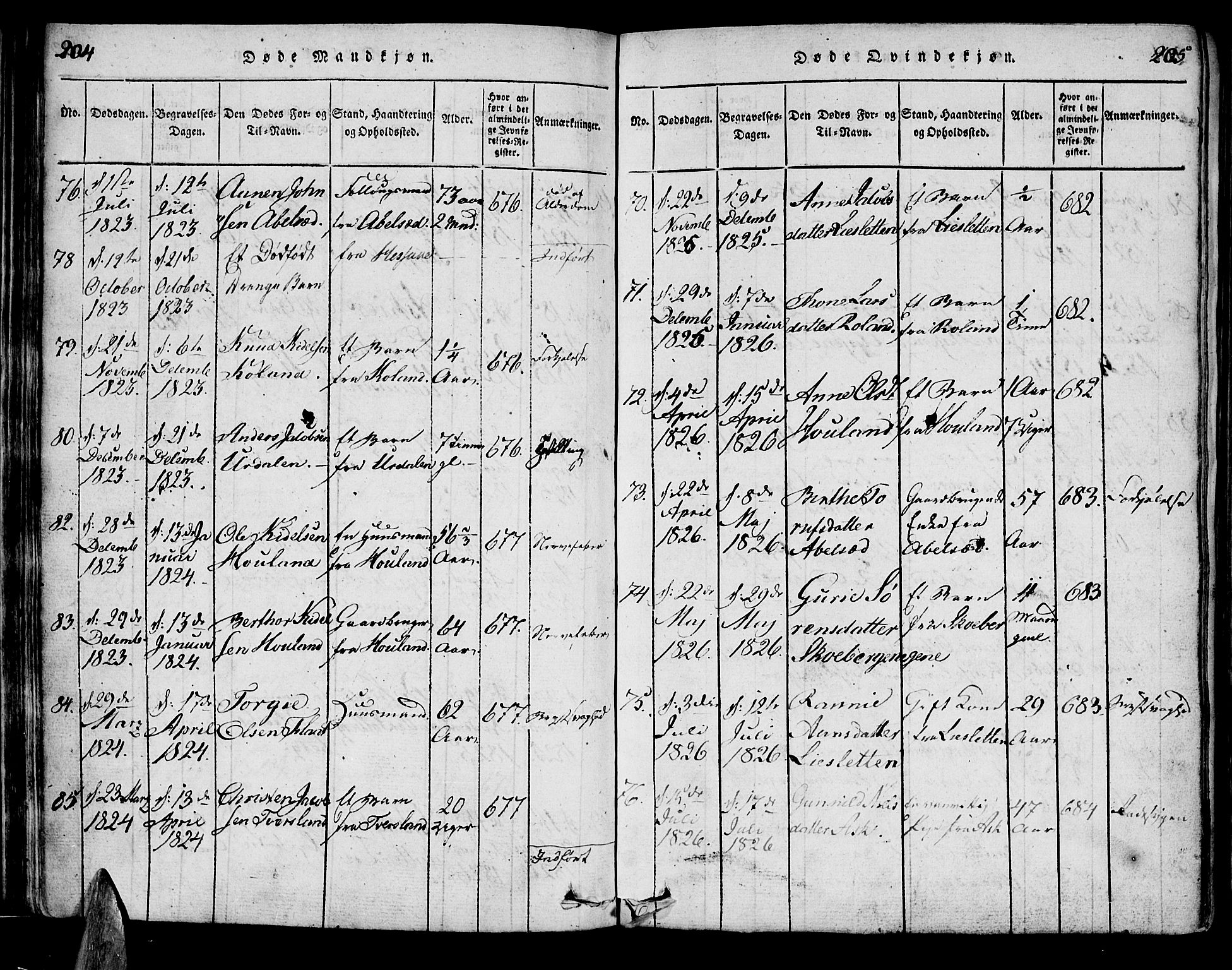 Bjelland sokneprestkontor, SAK/1111-0005/F/Fa/Faa/L0002: Parish register (official) no. A 2, 1816-1866, p. 204-205