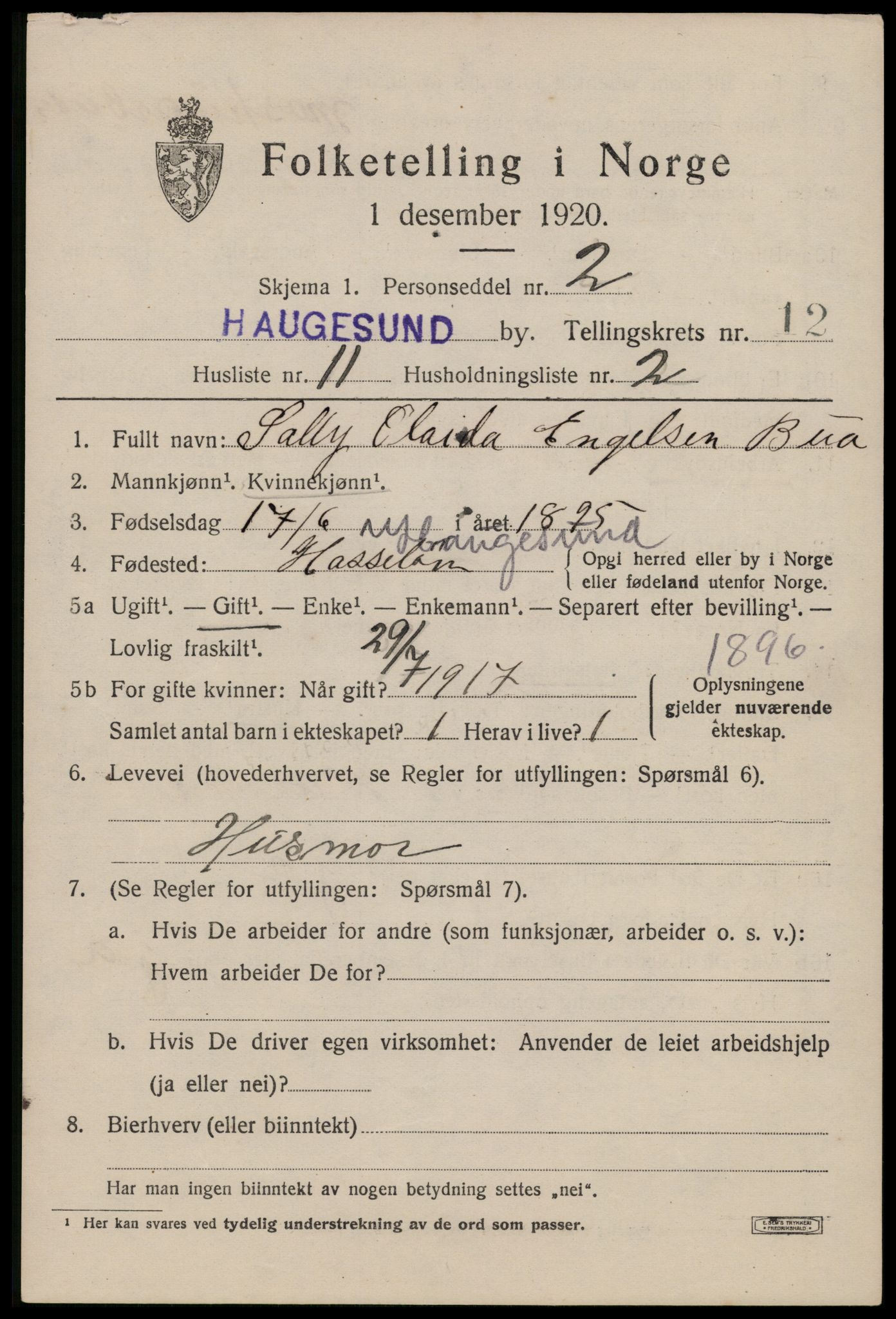 SAST, 1920 census for Haugesund, 1920, p. 38191