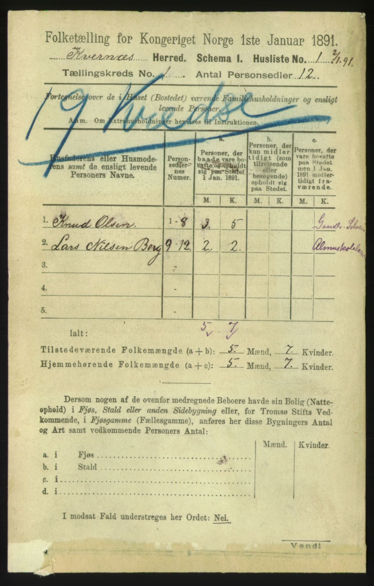 RA, 1891 census for 1553 Kvernes, 1891, p. 44