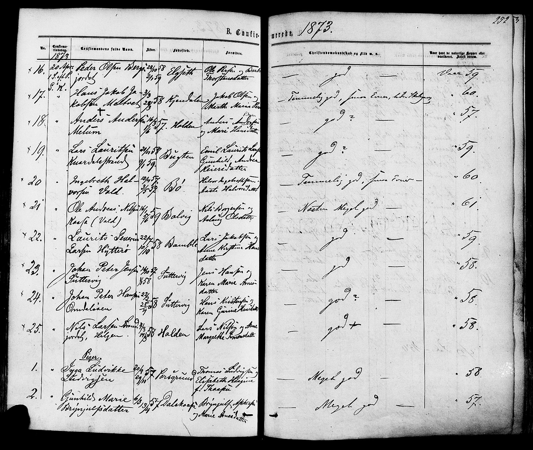 Solum kirkebøker, AV/SAKO-A-306/F/Fa/L0008: Parish register (official) no. I 8, 1865-1876, p. 252