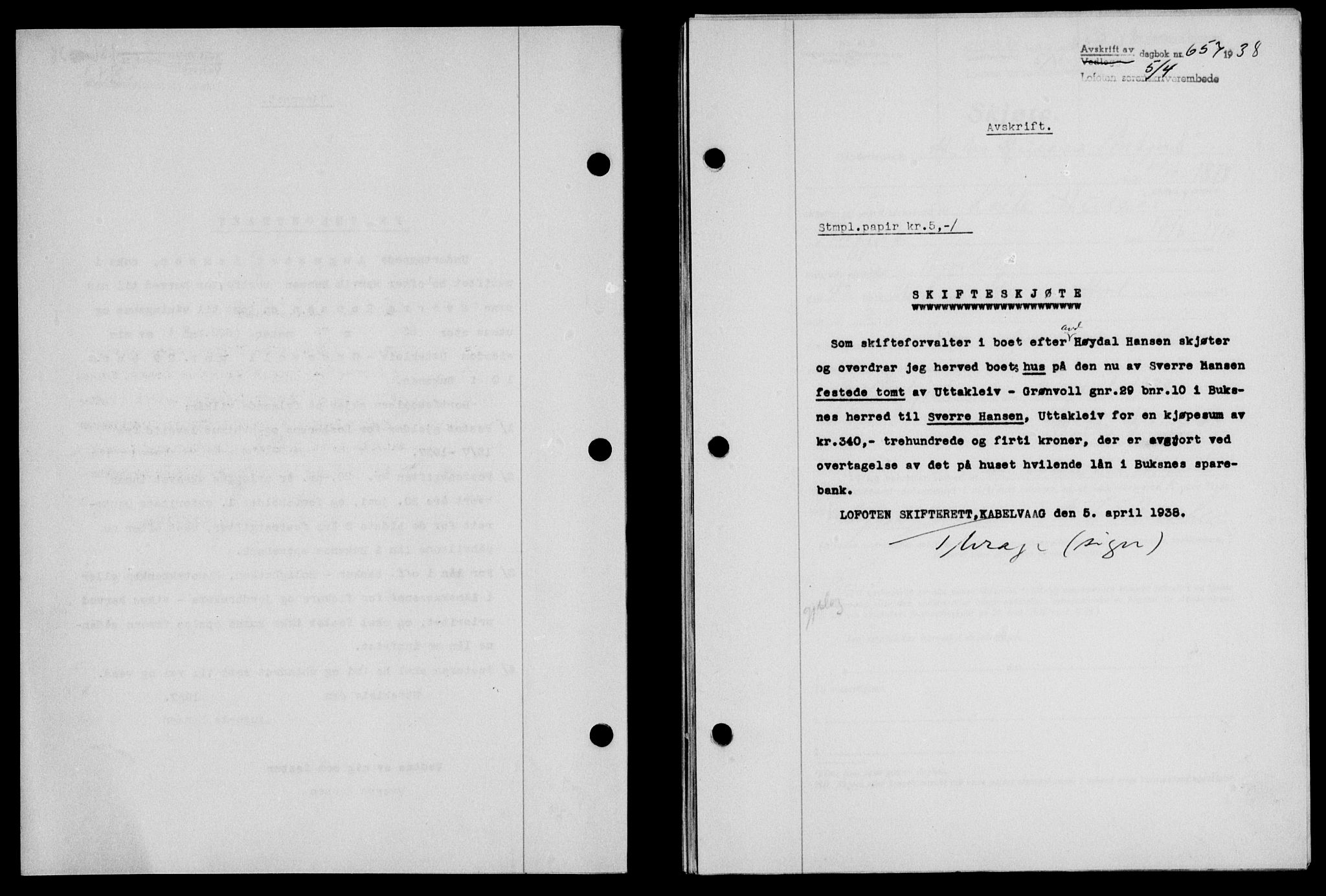 Lofoten sorenskriveri, SAT/A-0017/1/2/2C/L0004a: Mortgage book no. 4a, 1938-1938, Diary no: : 657/1938