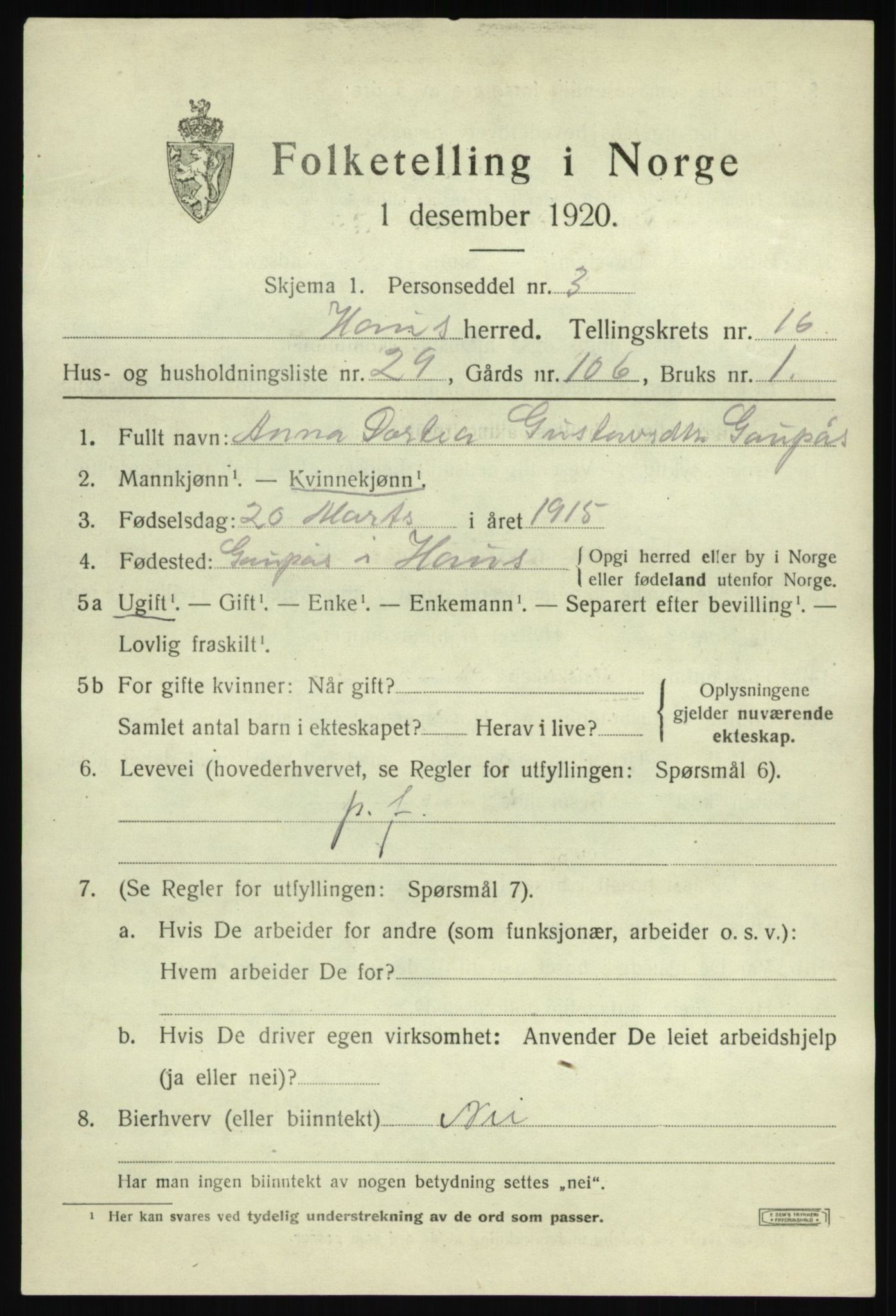 SAB, 1920 census for Haus, 1920, p. 10730