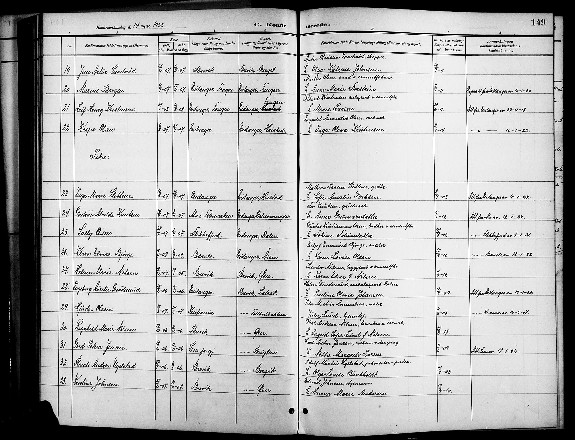 Brevik kirkebøker, SAKO/A-255/G/Ga/L0005: Parish register (copy) no. 5, 1901-1924, p. 149