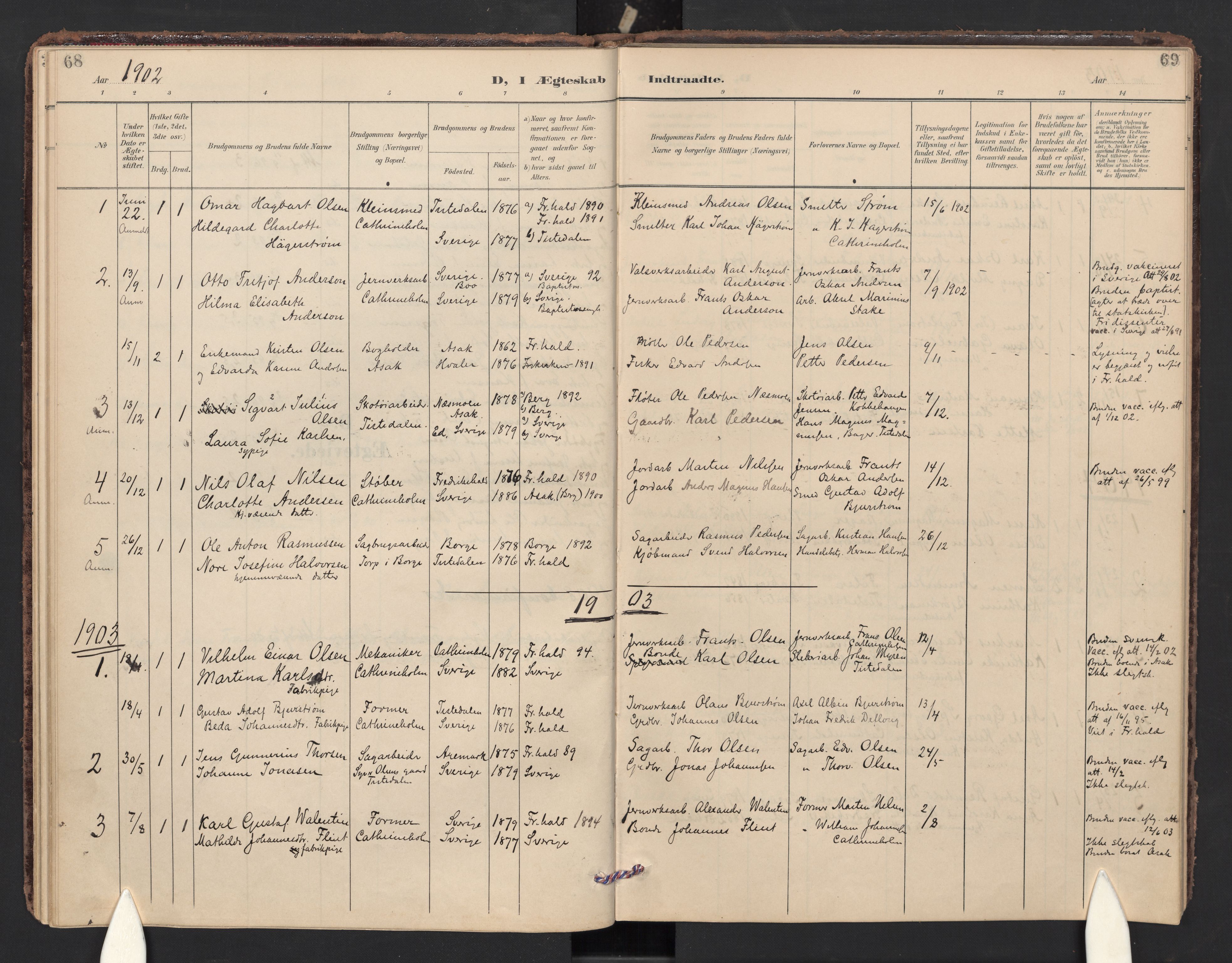 Halden prestekontor Kirkebøker, SAO/A-10909/F/Fc/L0001: Parish register (official) no. III 1, 1902-1908, p. 68-69