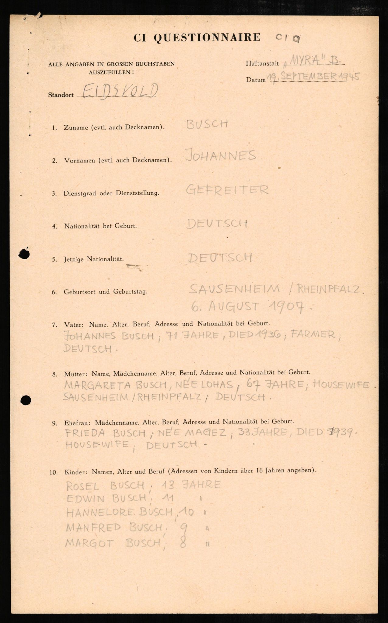 Forsvaret, Forsvarets overkommando II, AV/RA-RAFA-3915/D/Db/L0005: CI Questionaires. Tyske okkupasjonsstyrker i Norge. Tyskere., 1945-1946, p. 15