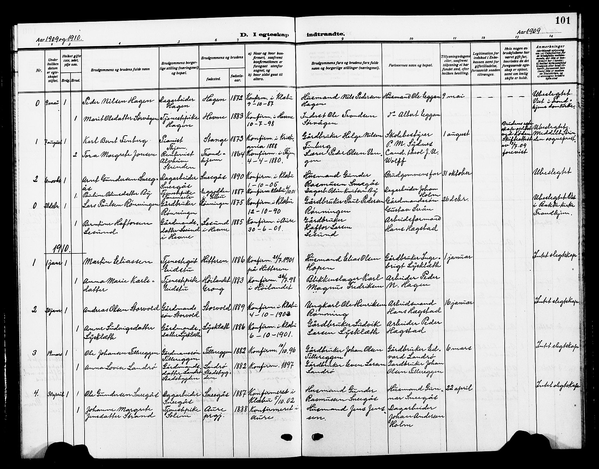 Ministerialprotokoller, klokkerbøker og fødselsregistre - Sør-Trøndelag, SAT/A-1456/618/L0453: Parish register (copy) no. 618C04, 1907-1925, p. 101