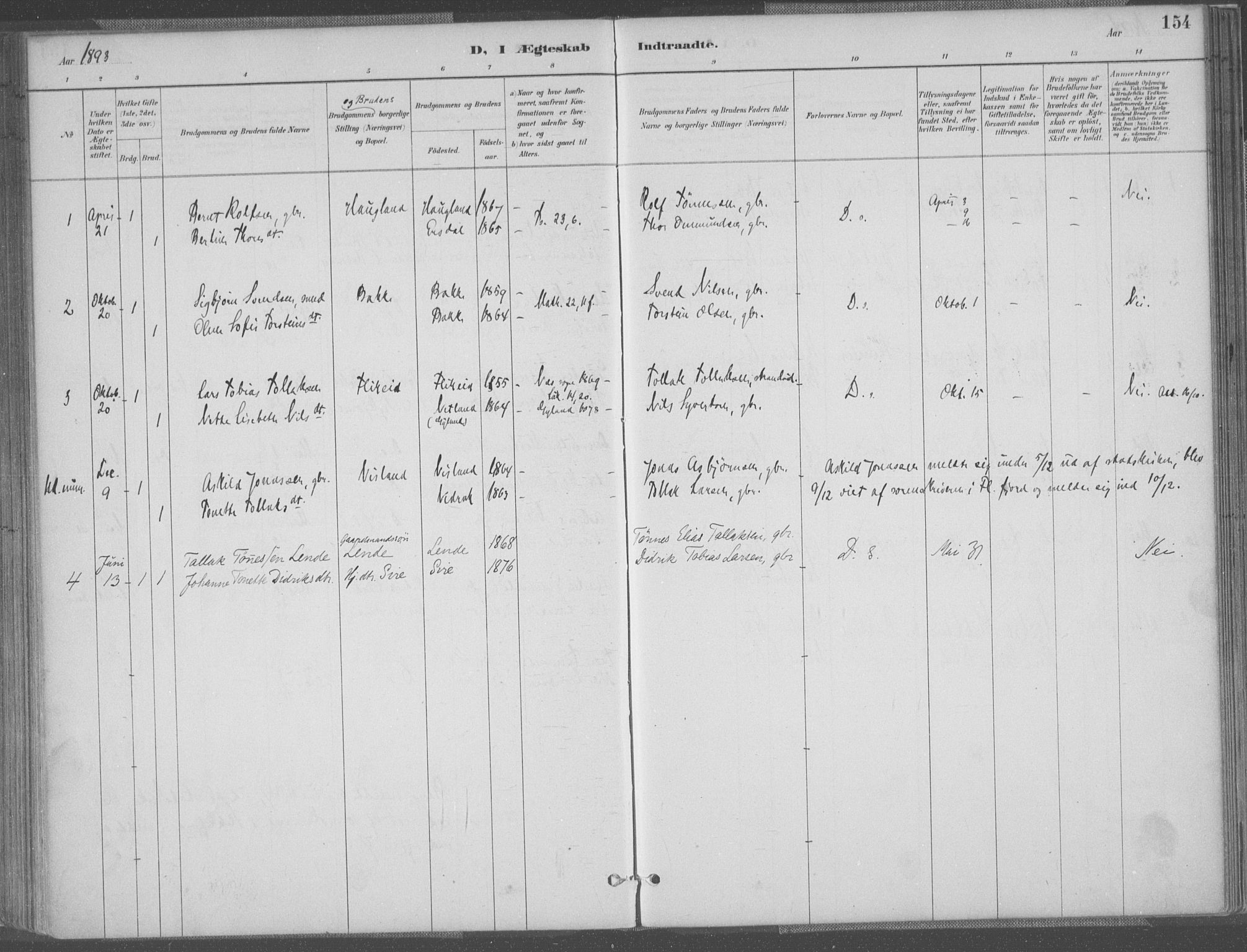 Bakke sokneprestkontor, SAK/1111-0002/F/Fa/Faa/L0008: Parish register (official) no. A 8, 1887-1911, p. 154
