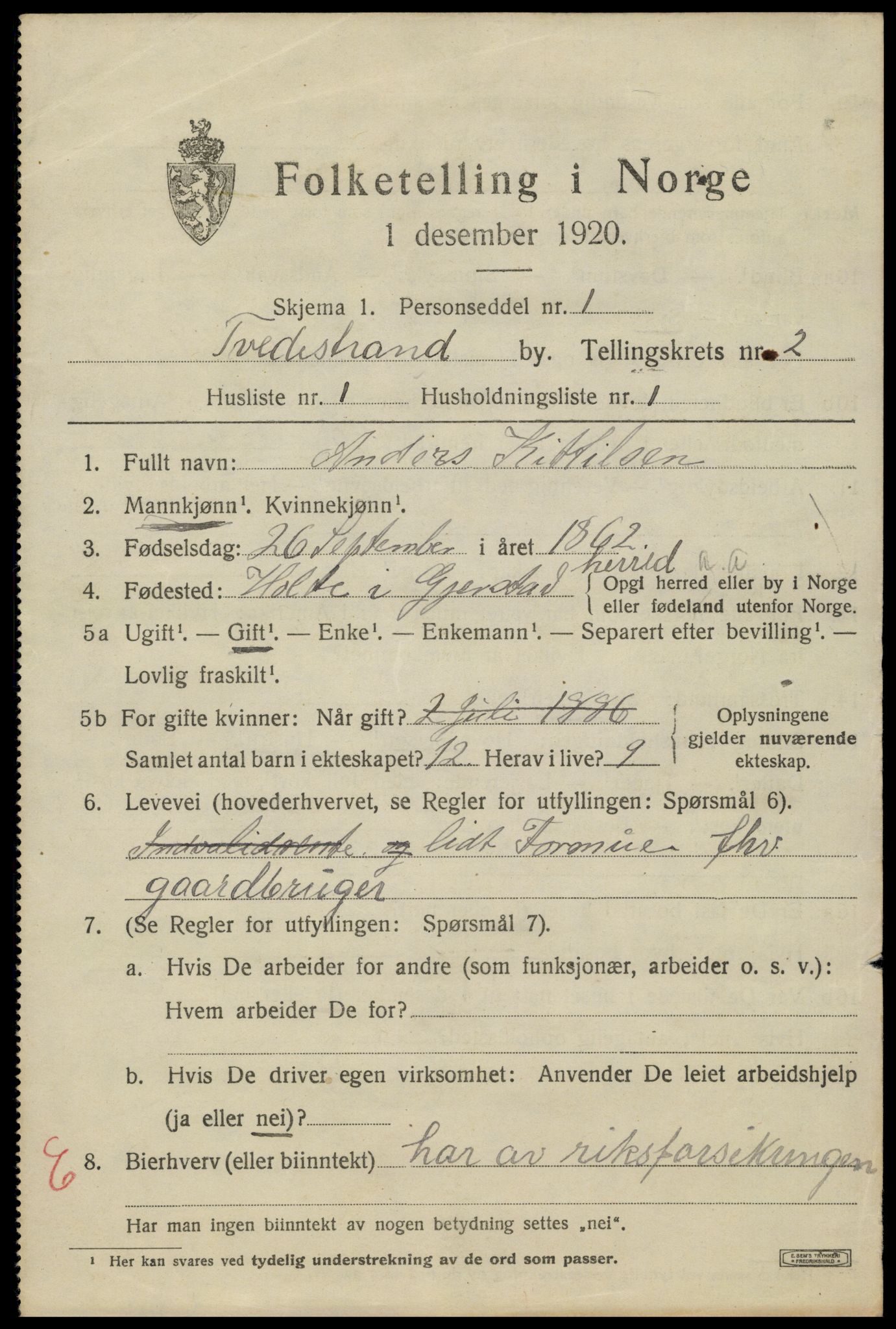 SAK, 1920 census for Tvedestrand, 1920, p. 2513